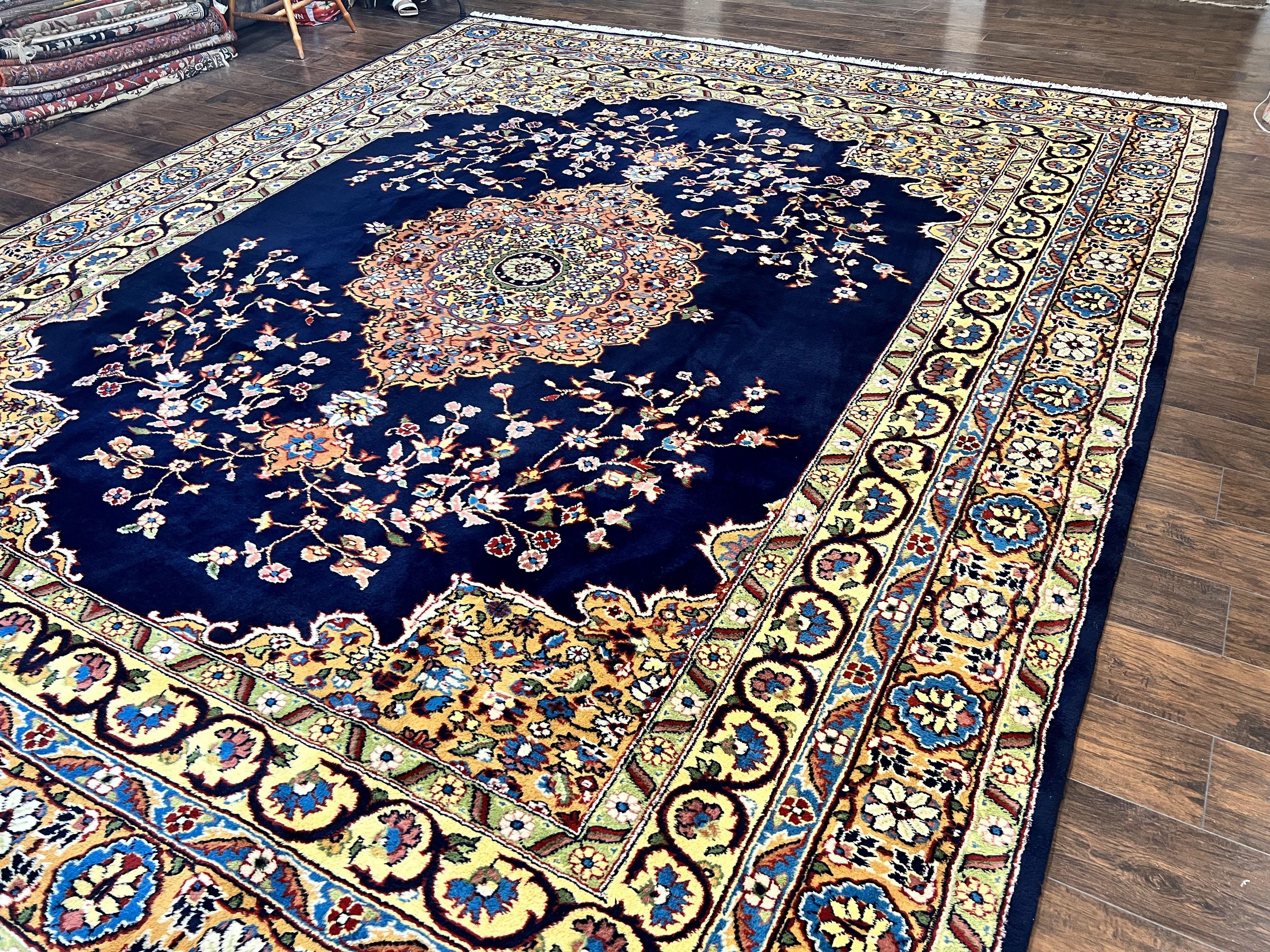 Indo Persian Rug 12x15, Mahal Sarouk Rug 12 x 15, Wool Hand Knotted Vintage Carpet, Navy Blue, Oversized Rug, Center Medallion - Jewel Rugs
