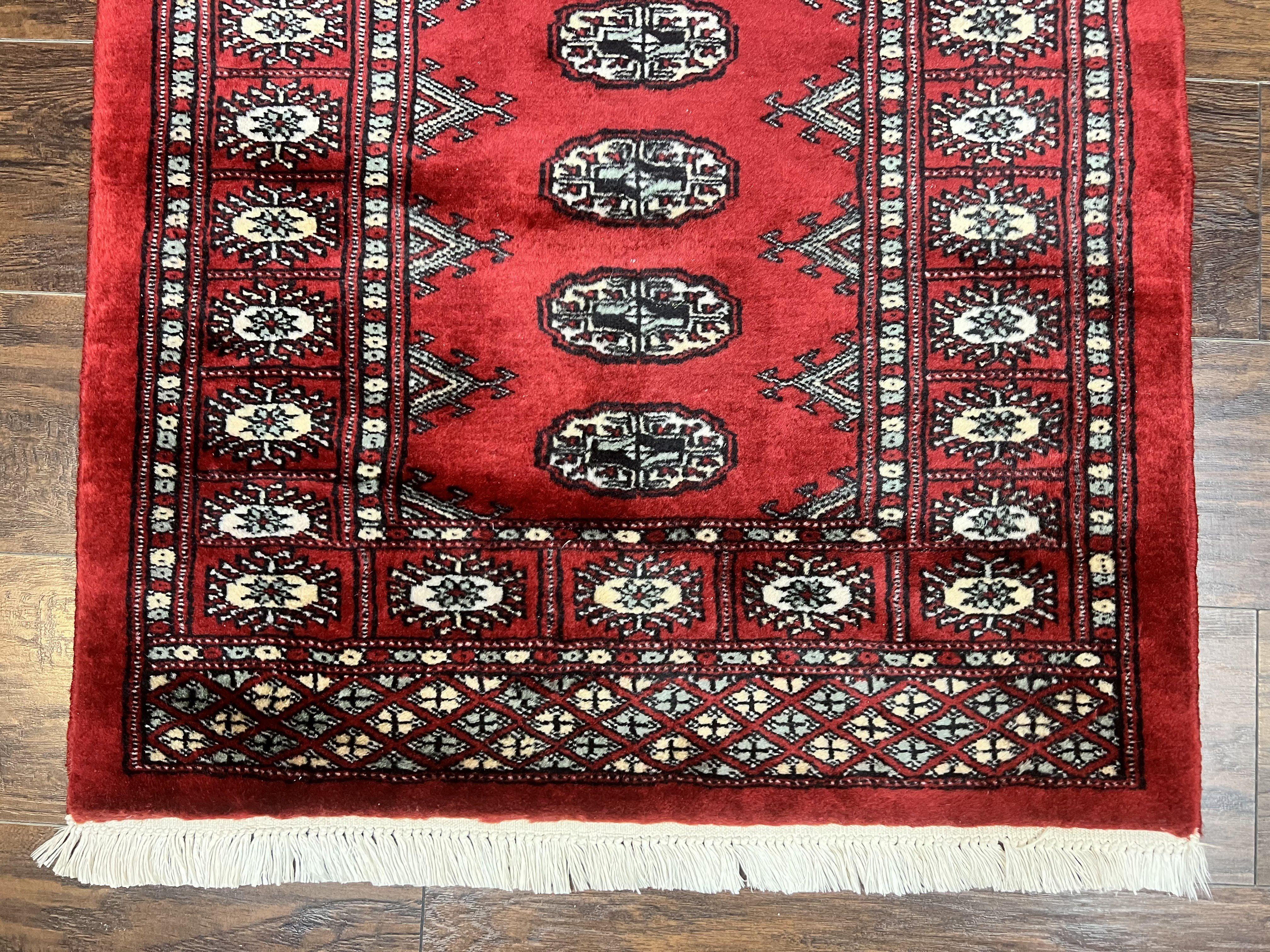 Pakistani Runner Rug 2.8 x 12, Bokhara Turkoman Runner, Wool Hand Knotted Vintage Hallway Rug, Red Ivory & Black - Jewel Rugs