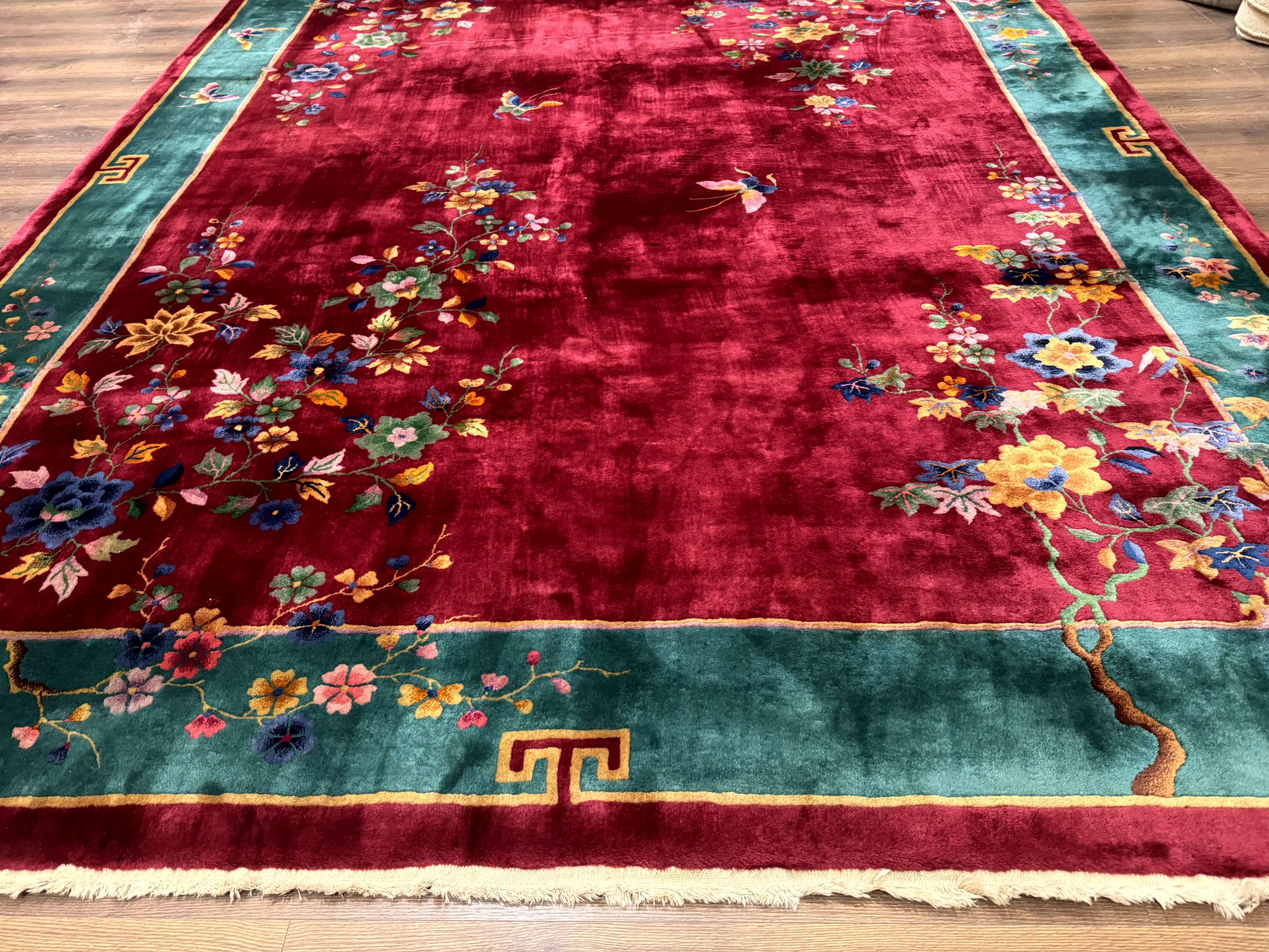 Antique Chinese Art Deco Rug 9x11, Rare, Nichols Rug, Cherry Red and Green, Chinese Wool Carpet - Jewel Rugs