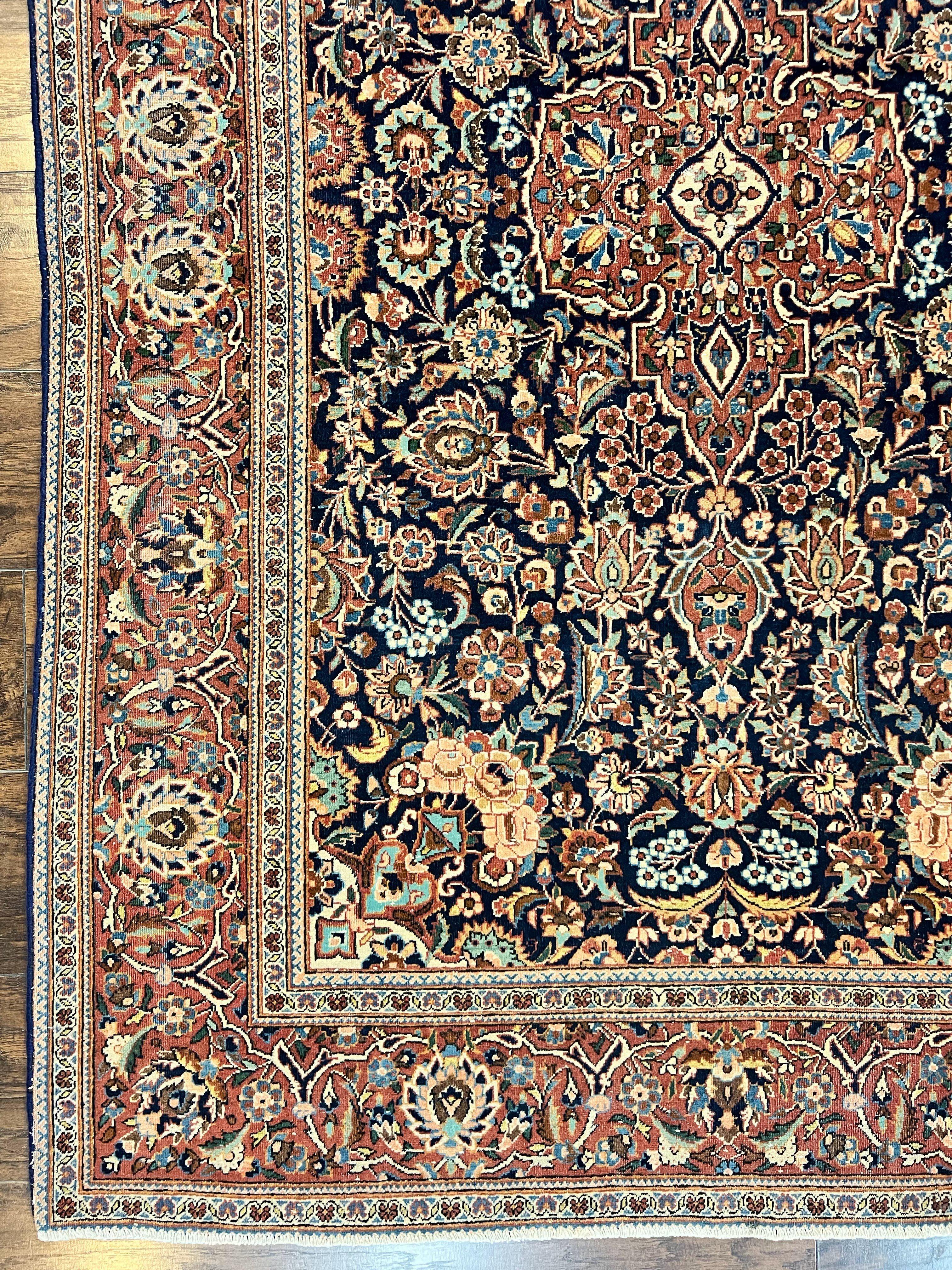 Persian Kashan Rug 4x7, Floral Medallion Vintage Handmade Hand Knotted Navy Blue & Red Wool Oriental Carpet, Highly Detailed Semi Antique Rug - Jewel Rugs