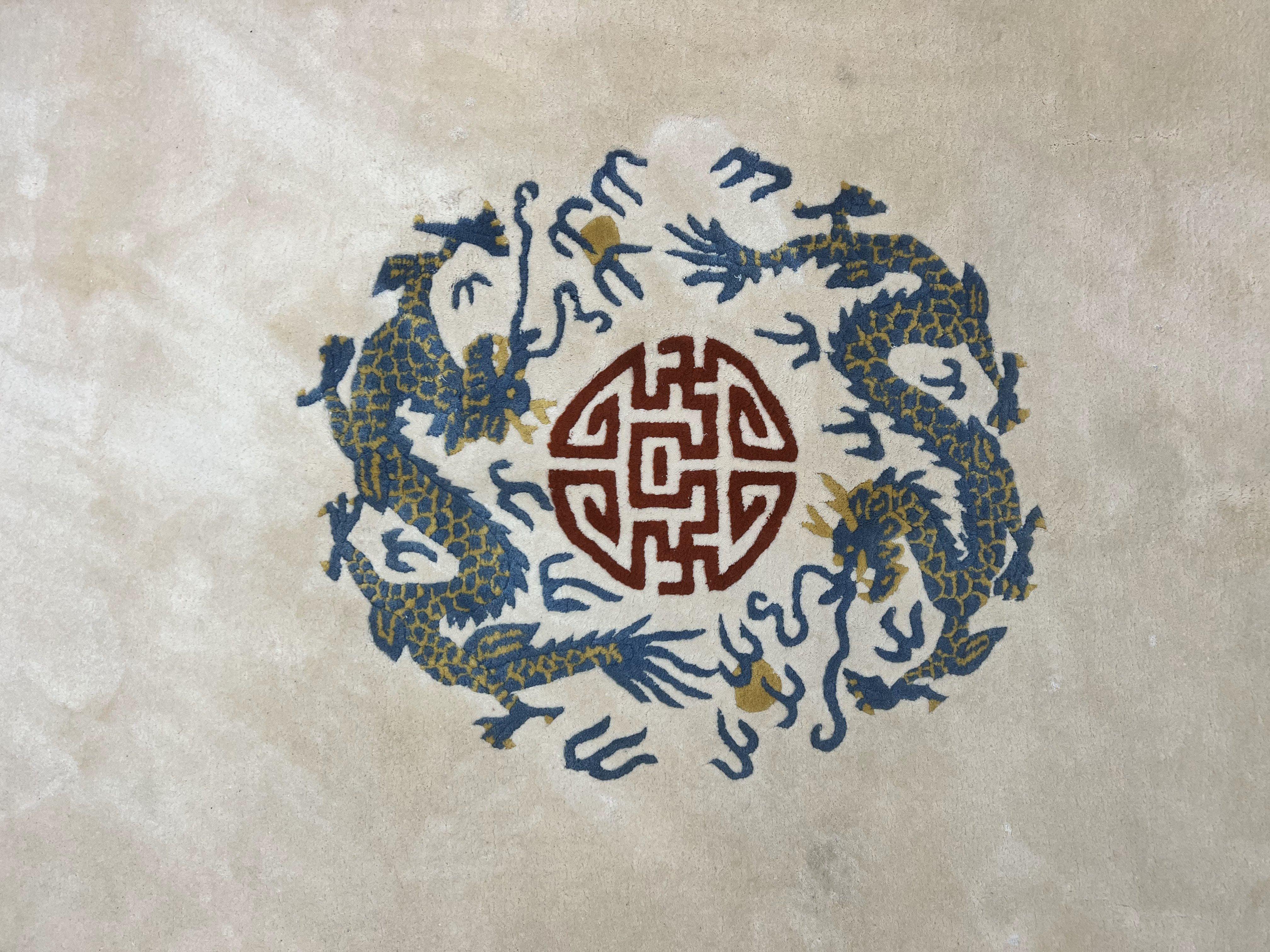 Chinese Wool Rug 5x8, Chinese Dragon Rug 5 x 8, Peking Carpet, Simple Design, Ivory, Wool Vintage Handmade Asian Art Deco Oriental Rug - Jewel Rugs