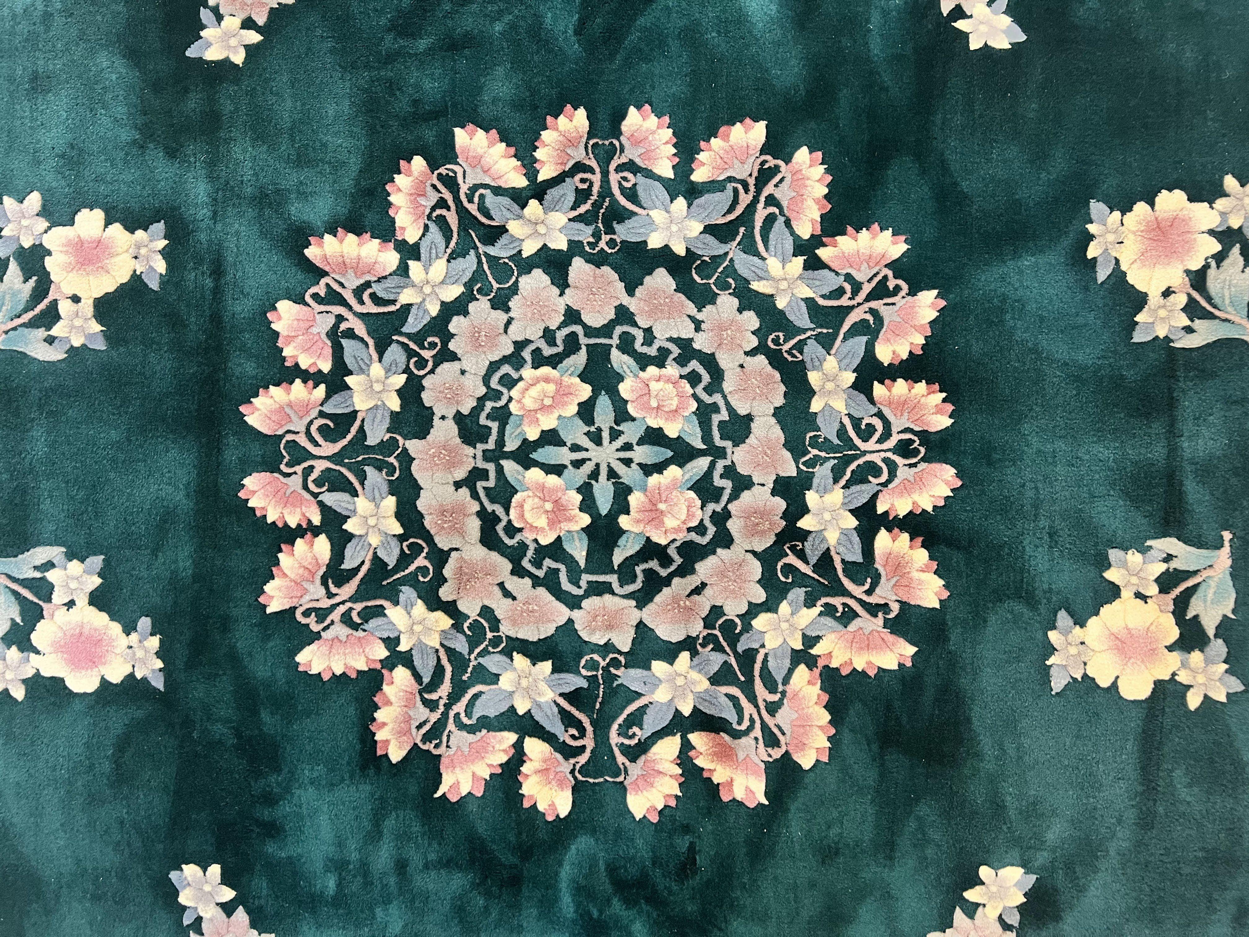 Chinese Art Deco Rug 9x12, Wool Hand Knotted Vintage Carpet, Dark Green & Cream, 90 Line Carving Rug - Jewel Rugs