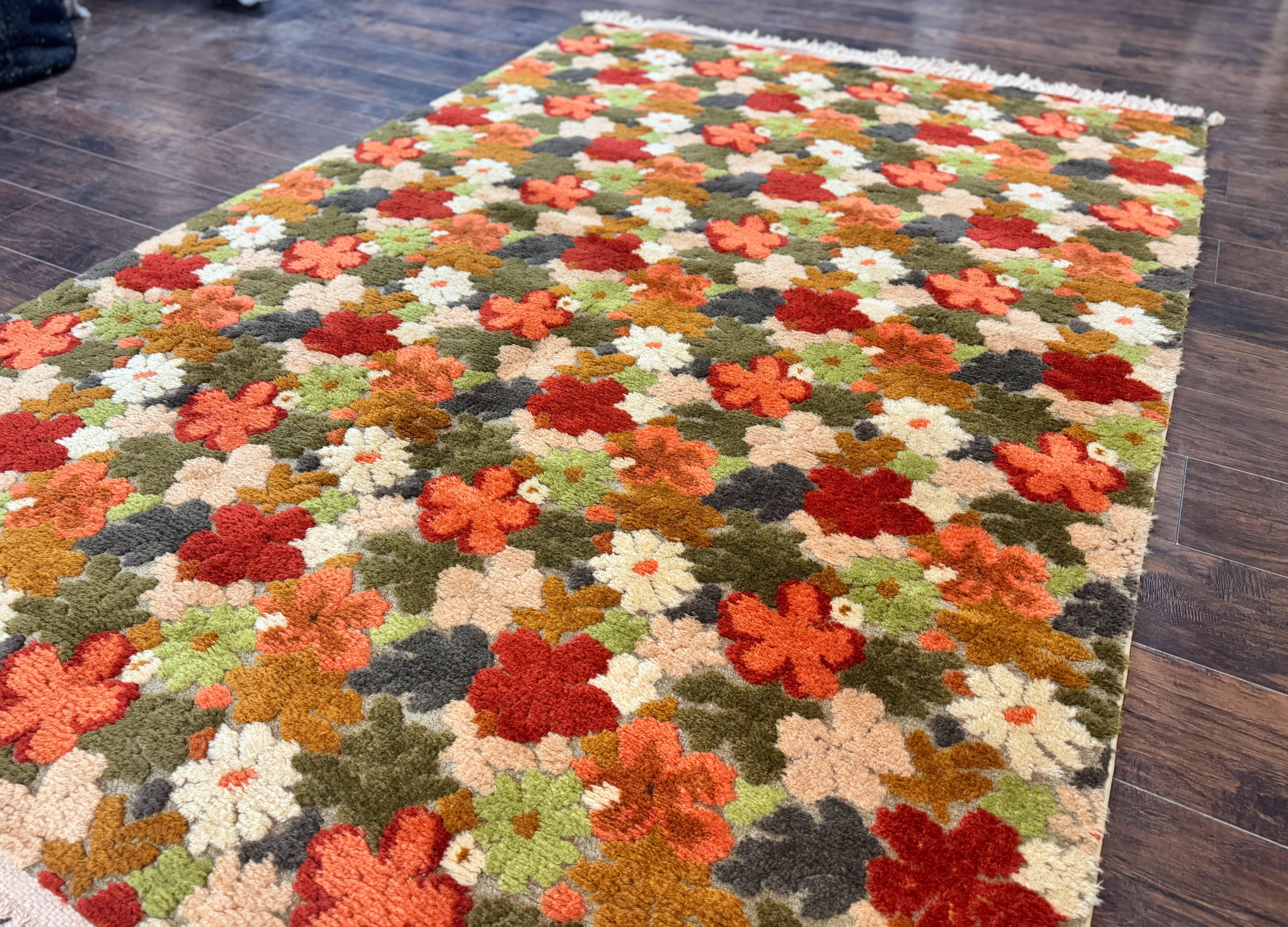 Floral Rug 6x9, Orange Green Beige, Vintage, Wool - Jewel Rugs