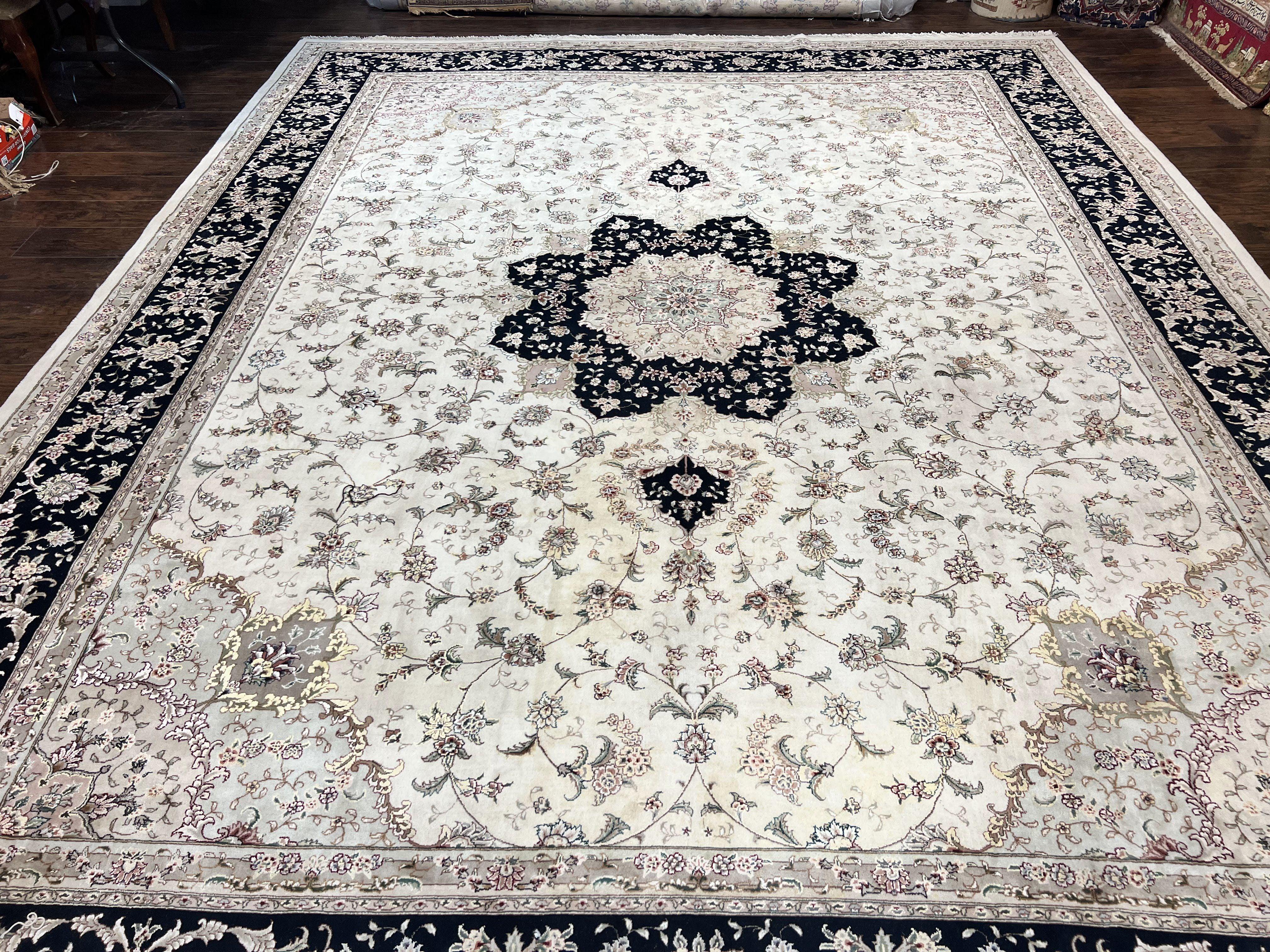Sino Persian Rug 12x15, Ivory and Black, Floral Medallion Carpet, Large Palace Size Oriental Rug, Wool and Silk Highlights, Vintage Rug - Jewel Rugs