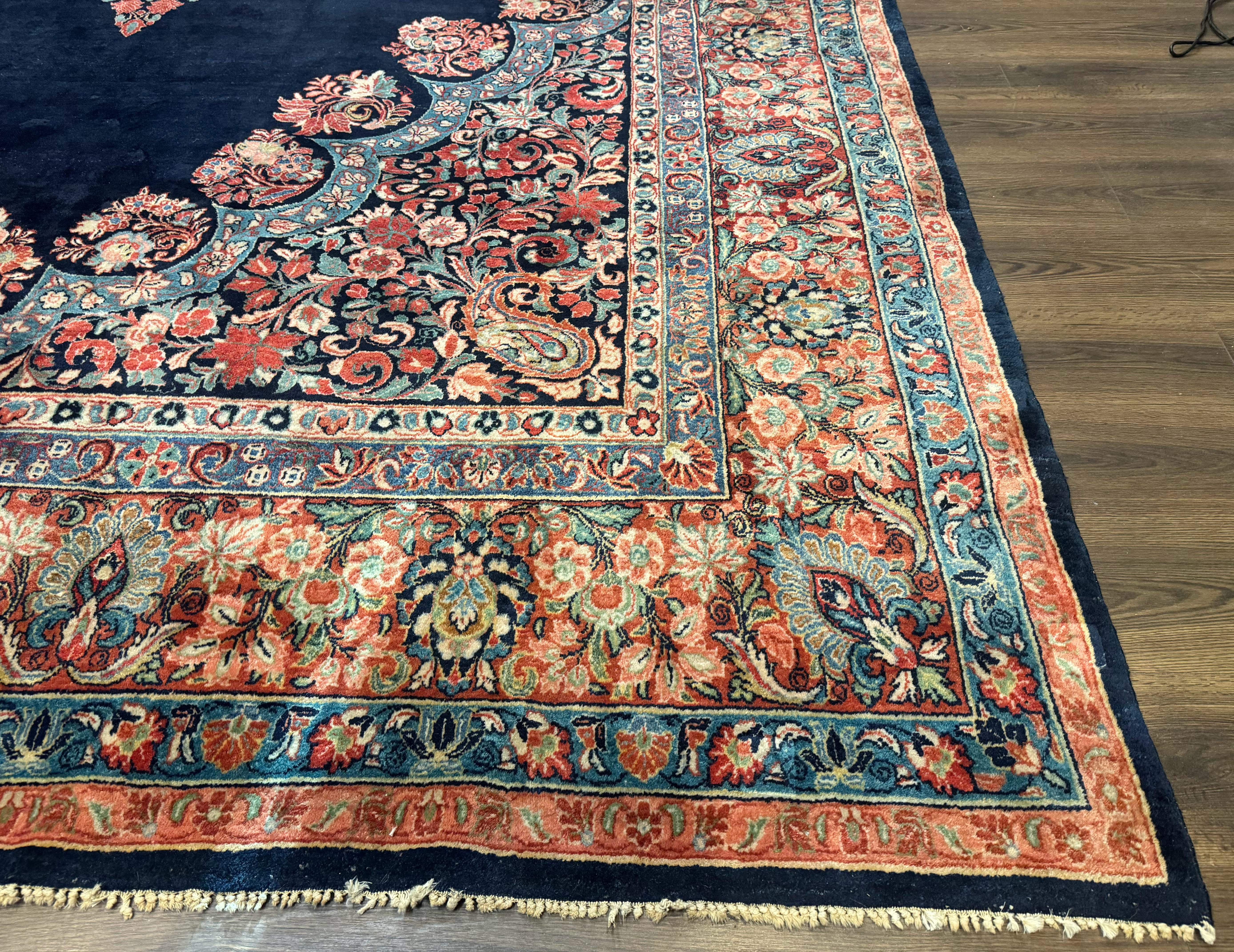 Persian Sarouk Rug 10x16 – Navy Blue and Red, Hand-Knotted Wool Antique Carpet - Jewel Rugs