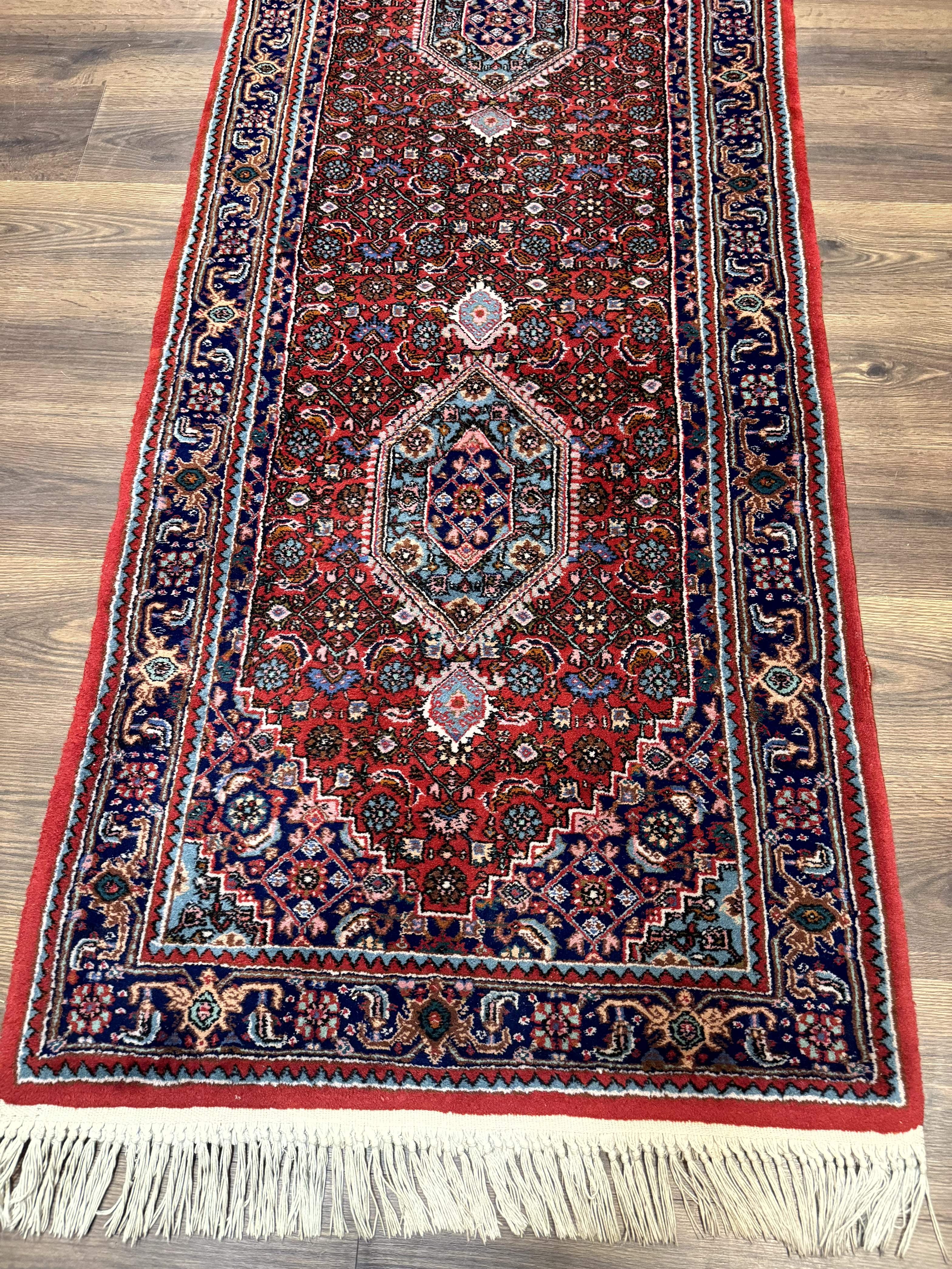 Indo Persian Bidjar Runner Rug 3 x 18.6, Red Navy Blue, Long Runner, Wool Oriental Carpet - Jewel Rugs