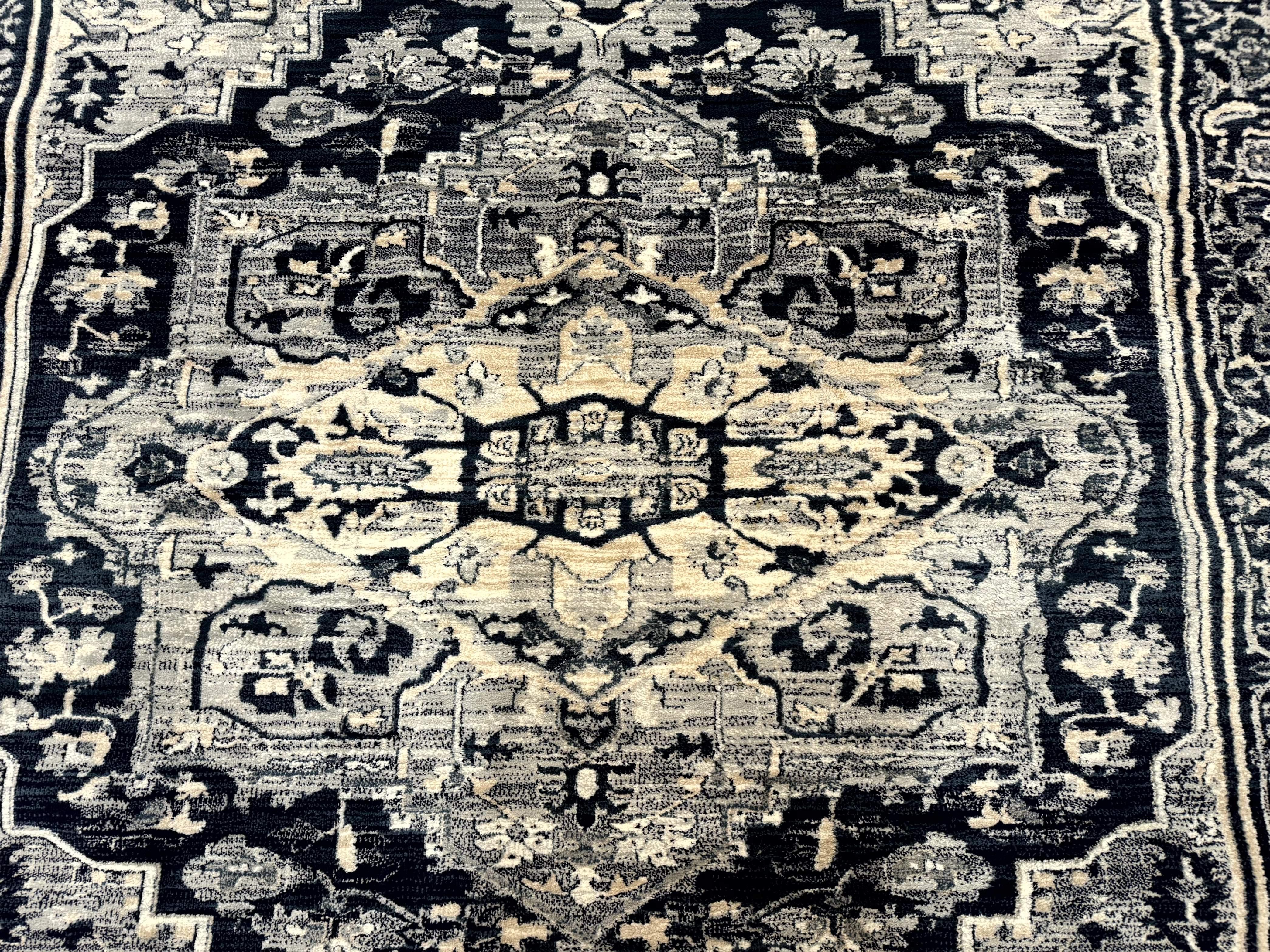 Heriz Pattern Rug 8x10, Modern Heriz Carpet, Geometric Area Rug, Oat and Navy Blue - Jewel Rugs