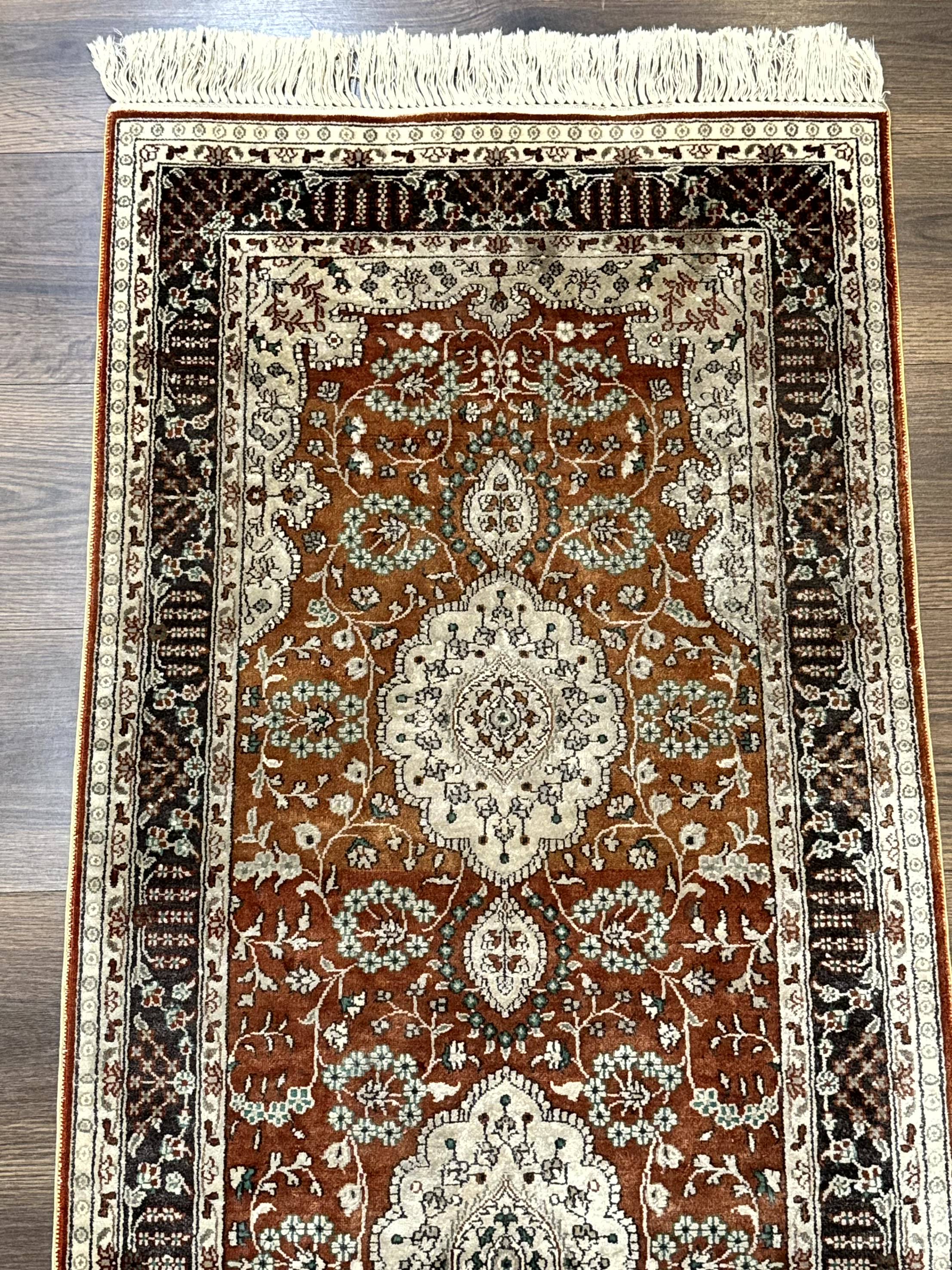 Turkish Silk Narrow Runner Rug 2 x 5.8, Very Fine 340 KPSI, Floral Medallions, Red - Jewel Rugs