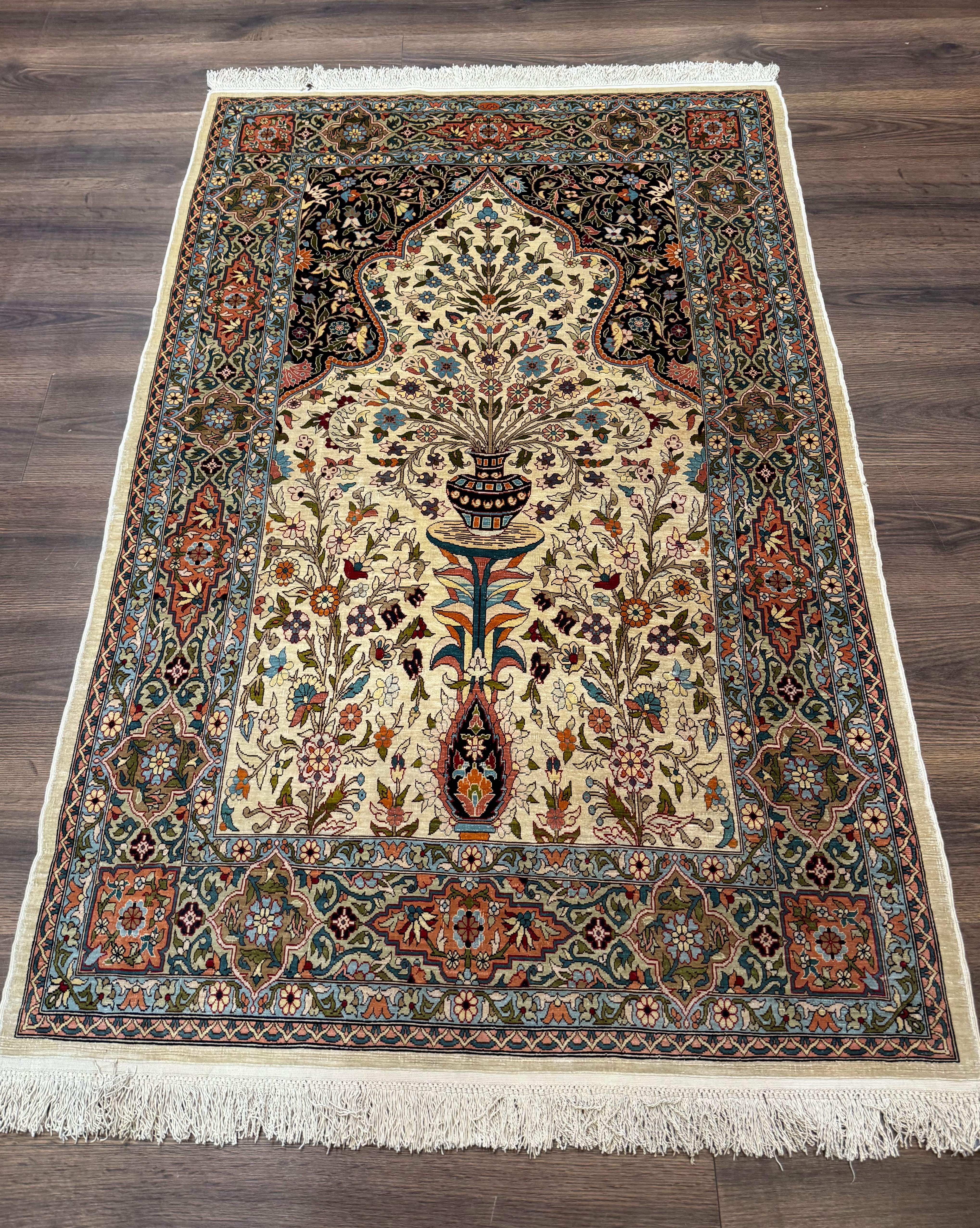 Rare Turkish Hereke Silk Rug 3x5, Tree of Life Persian Vase Design, Very Fine 440 KPSI, Signed - Jewel Rugs
