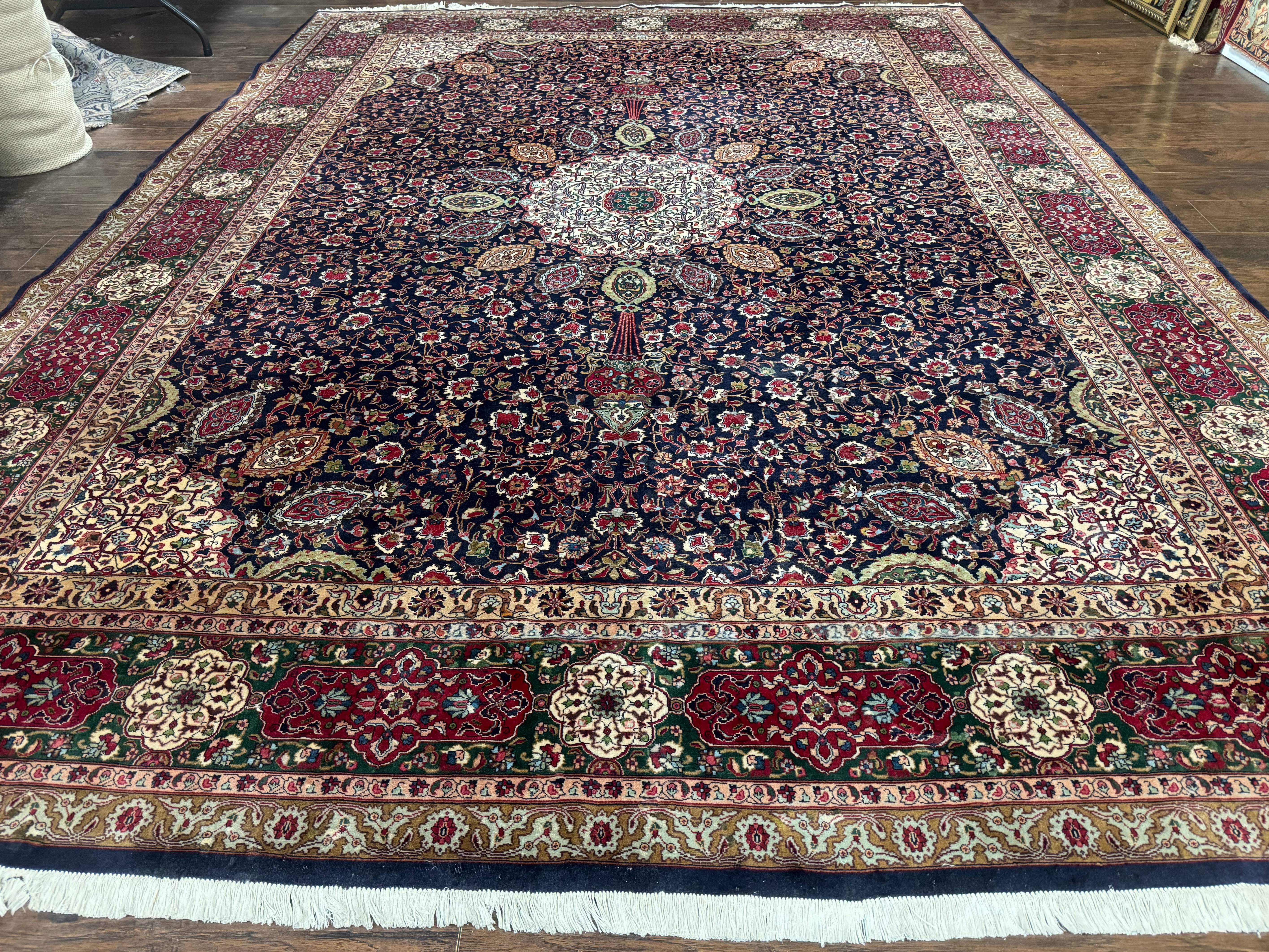 Persian Tabriz Rug 10x13 – Navy Blue and Red, Floral Medallion, Fine 210 KPSI - Jewel Rugs
