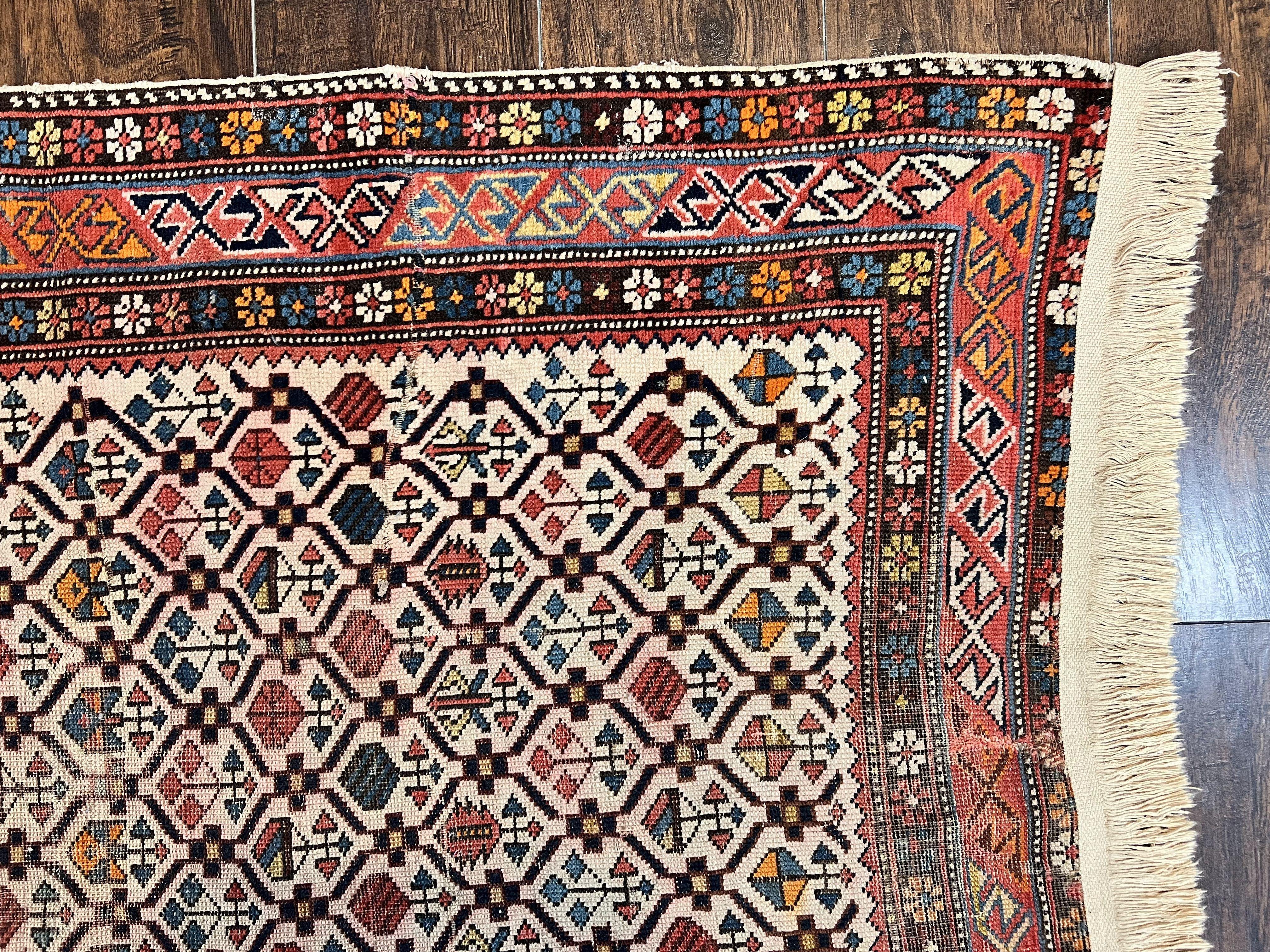Antique Caucasian Rug 4x5, Hand Knotted Handmade Shirvan Oriental Carpet, Ivory Red Rug Allover Pattern, Rare Wool Rug, Tribal Geometric Rug - Jewel Rugs