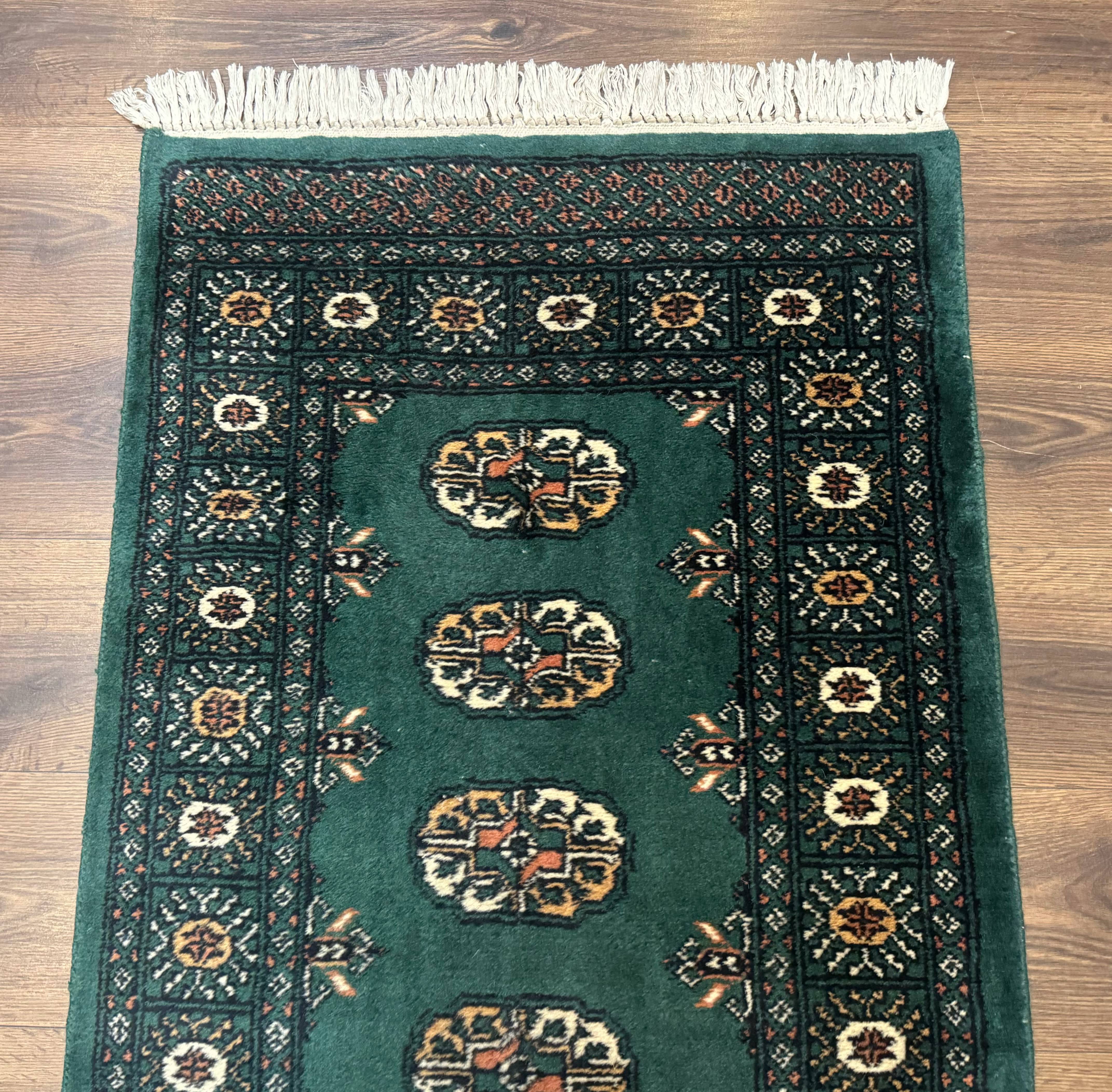 Pakistani Bokhara Runner Rug 2.5 x 11, Green Turkoman Wool Runner for Hallway - Jewel Rugs