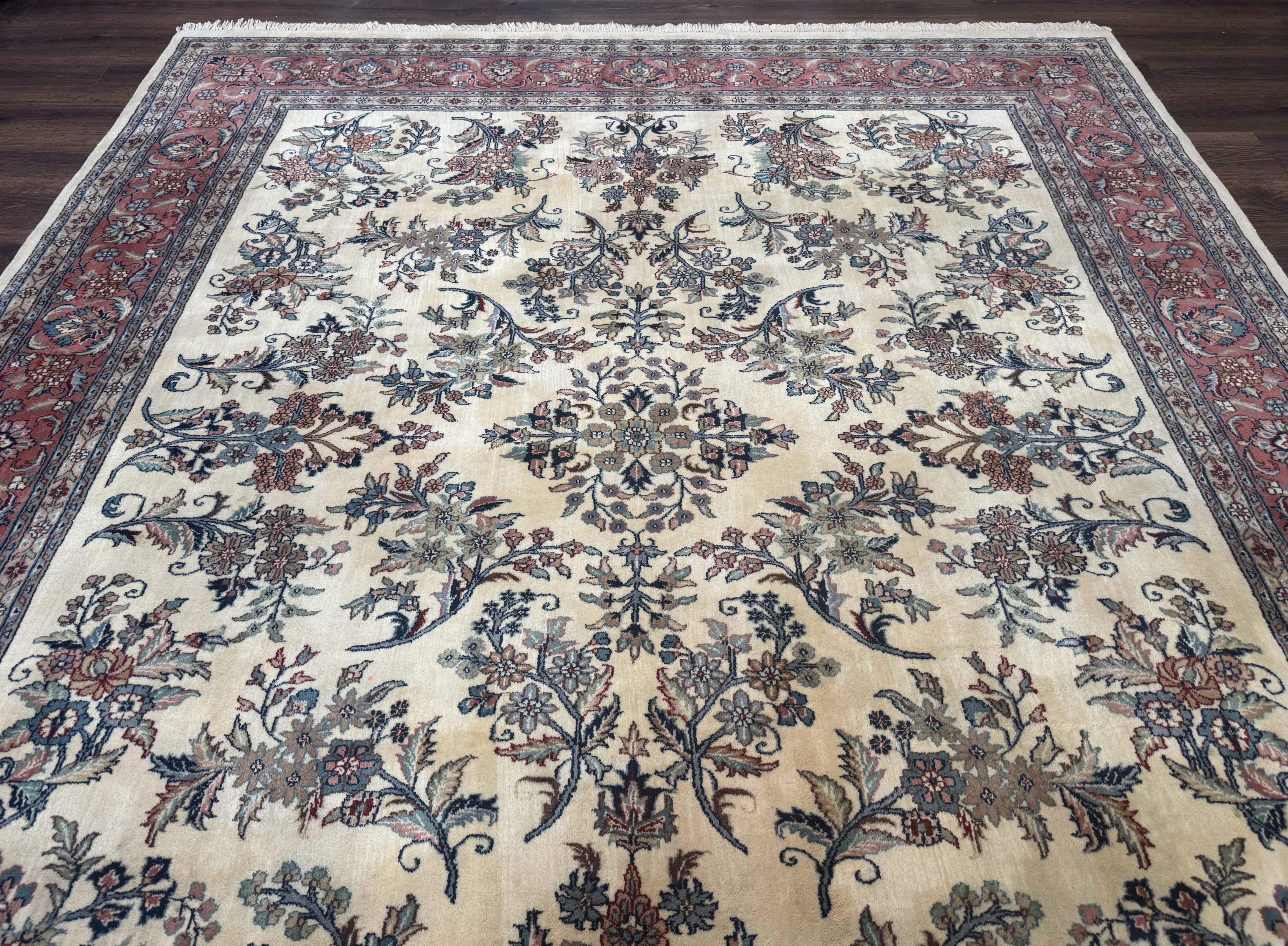 Indo Persian Sarouk Rug 8x10, Ivory and Pink, Floral - Jewel Rugs