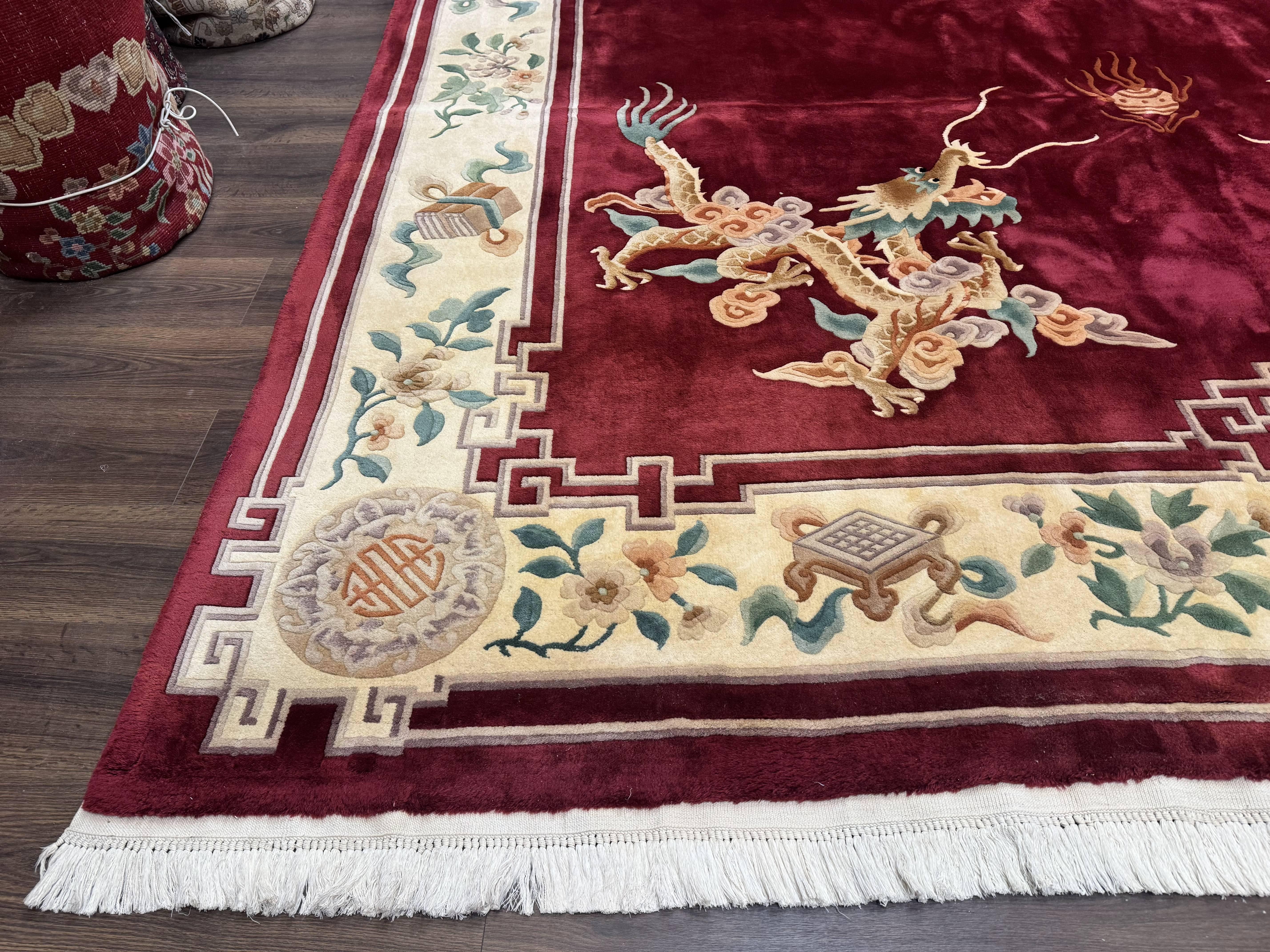 Large Chinese Wool Rug with Dragons 11x18, Palace Size Vintage Handmade Art Deco Carpet, Red and Cream - Jewel Rugs
