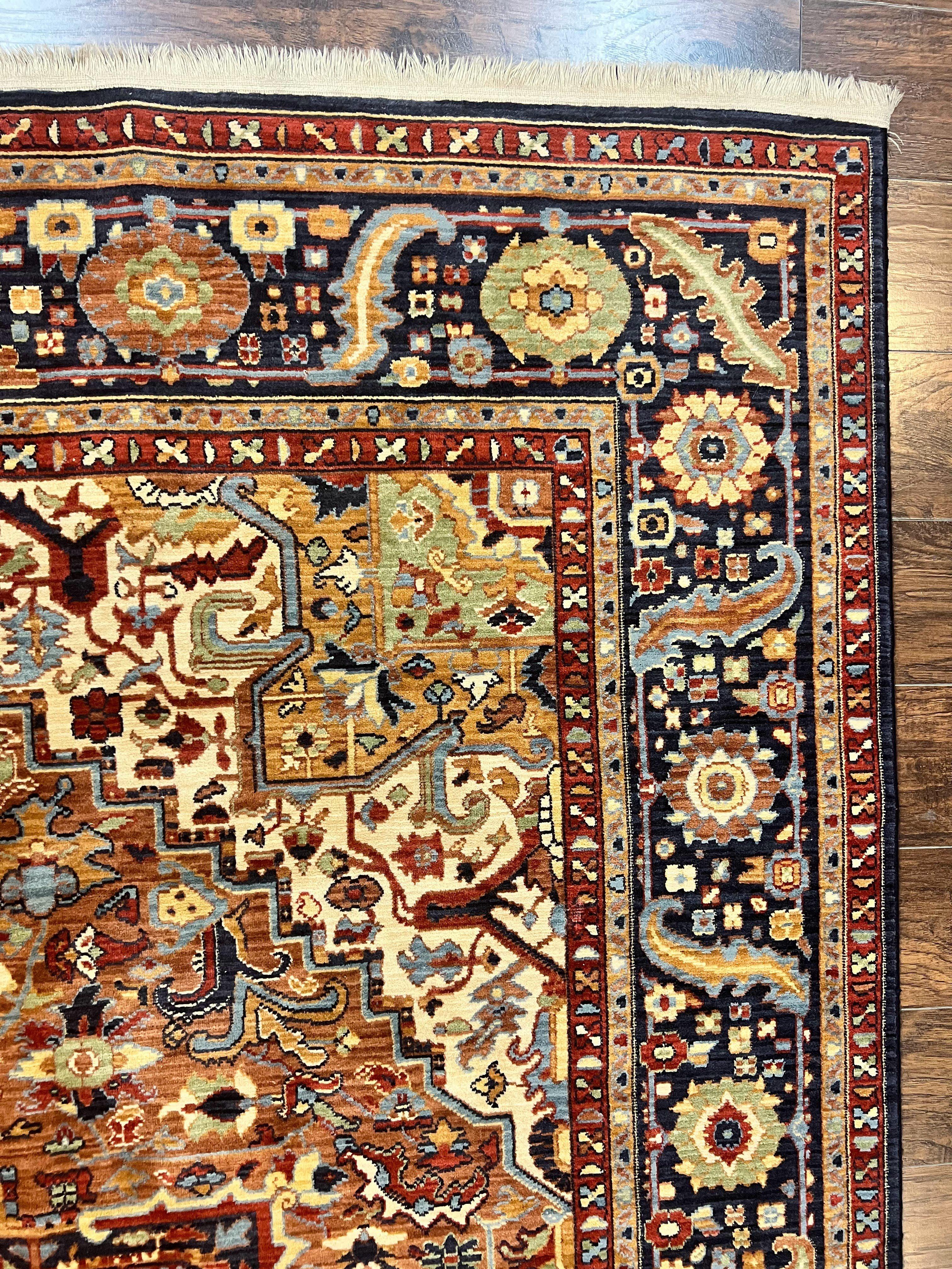 Karastan Rug 8 x 10.5, English Manor Windsor Heriz Karastan Carpet 8x10, Geometric Design, Wool Vintage Area Rug 8 x 10 ft, Red Navy - Jewel Rugs