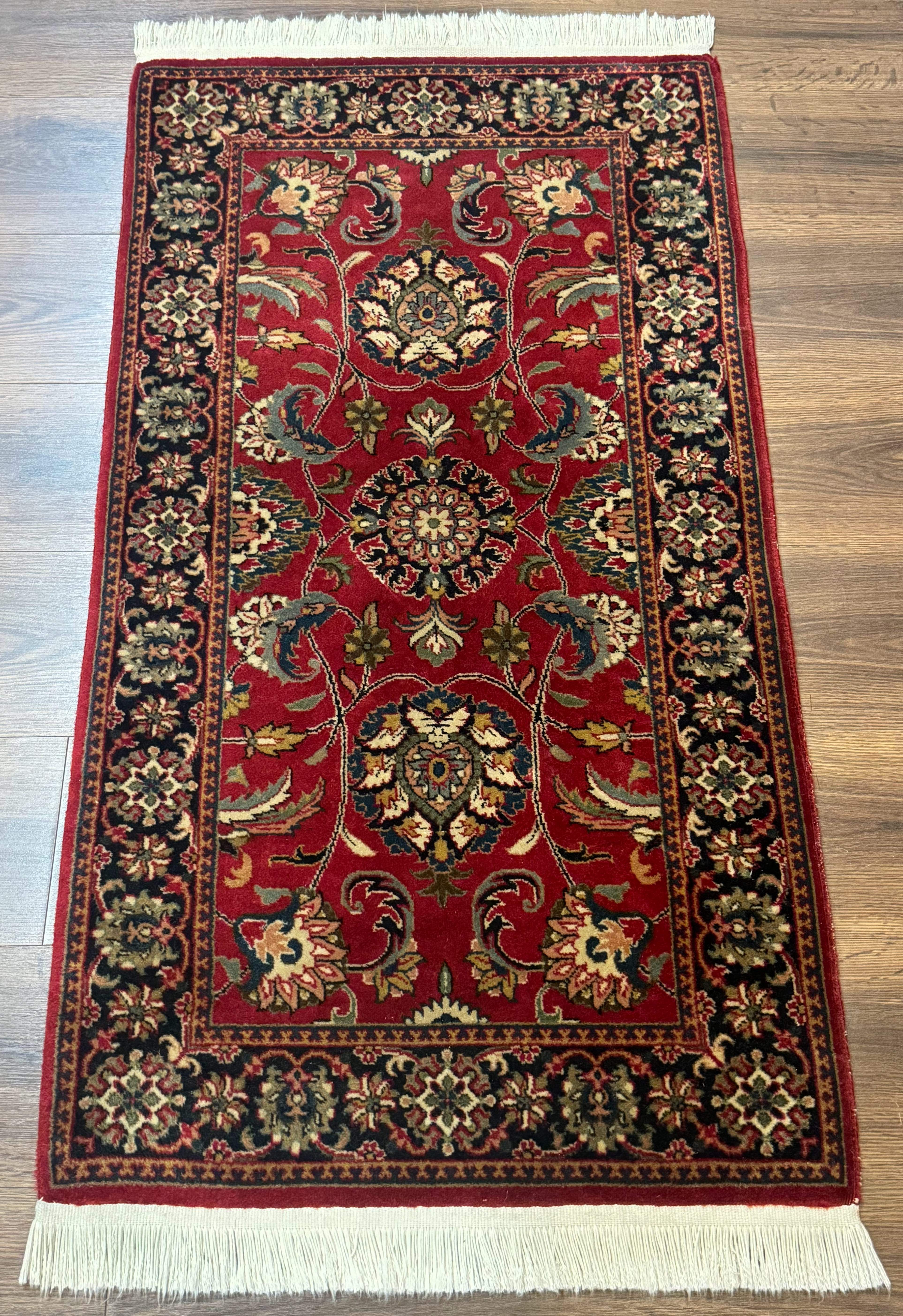 Indo Persian Sarouk Rug 2x4, Small Oriental Carpet, Red and Navy Blue, Fine 200 KPSI - Jewel Rugs
