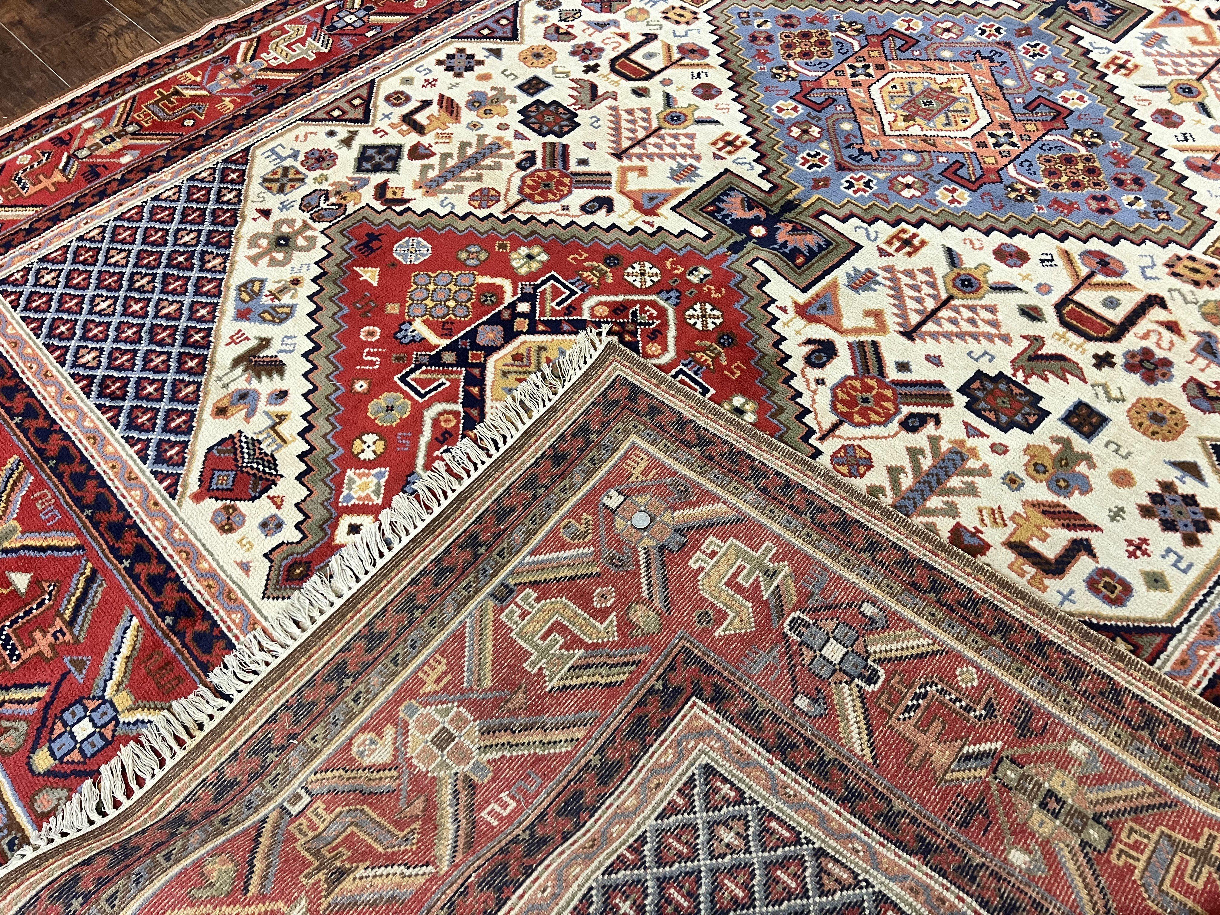 Belgium Power Loomed Rug 8x12, Geometric Medallions Persian Tribal Pattern, Vintage Wool Carpet, Ivory Red Blue - Jewel Rugs