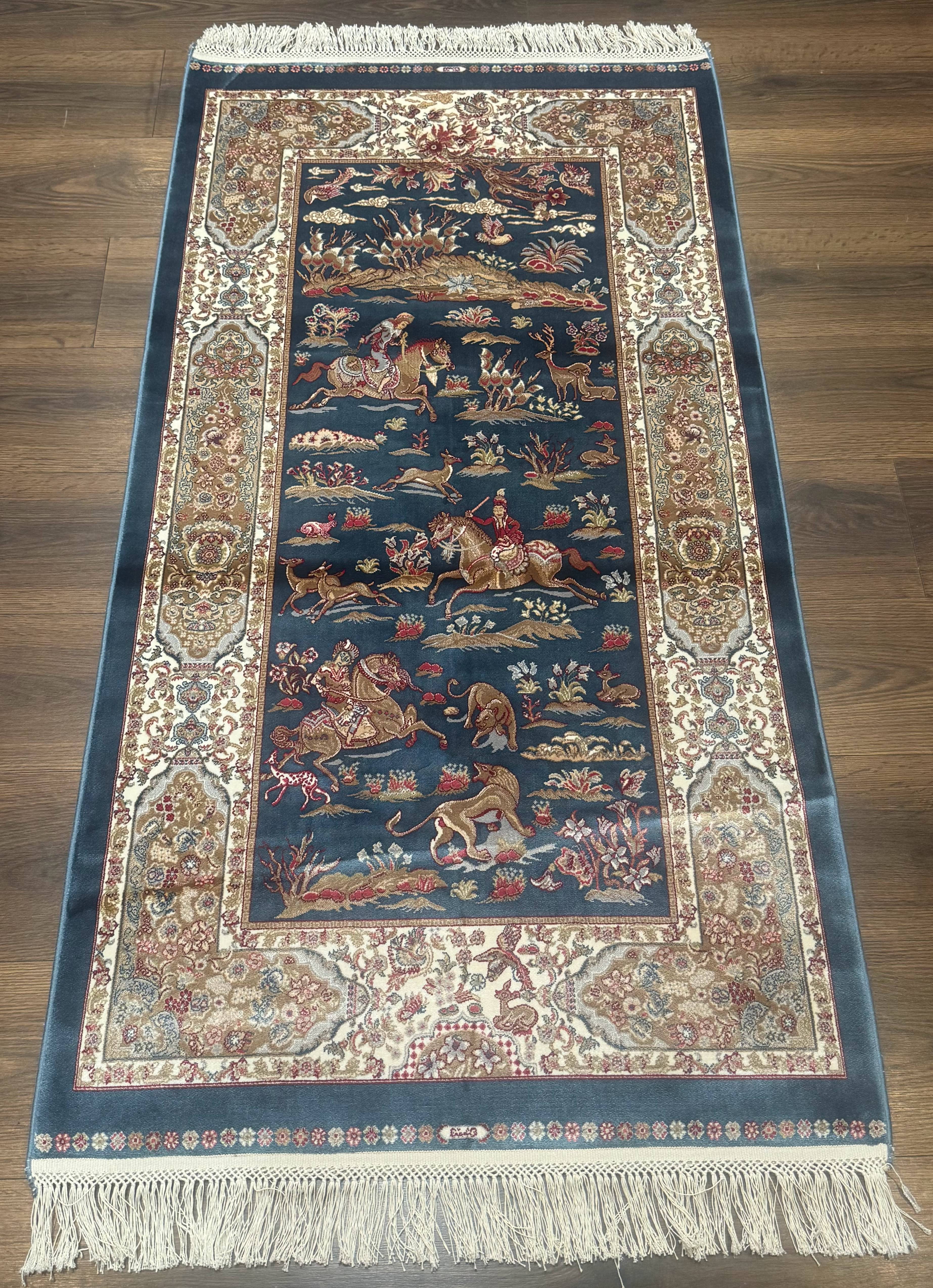 Turkish Silk Hunting Scene Rug 2.6 x 5, Dark Steel Blue & Ivory, Bamboo Silk, New - Jewel Rugs