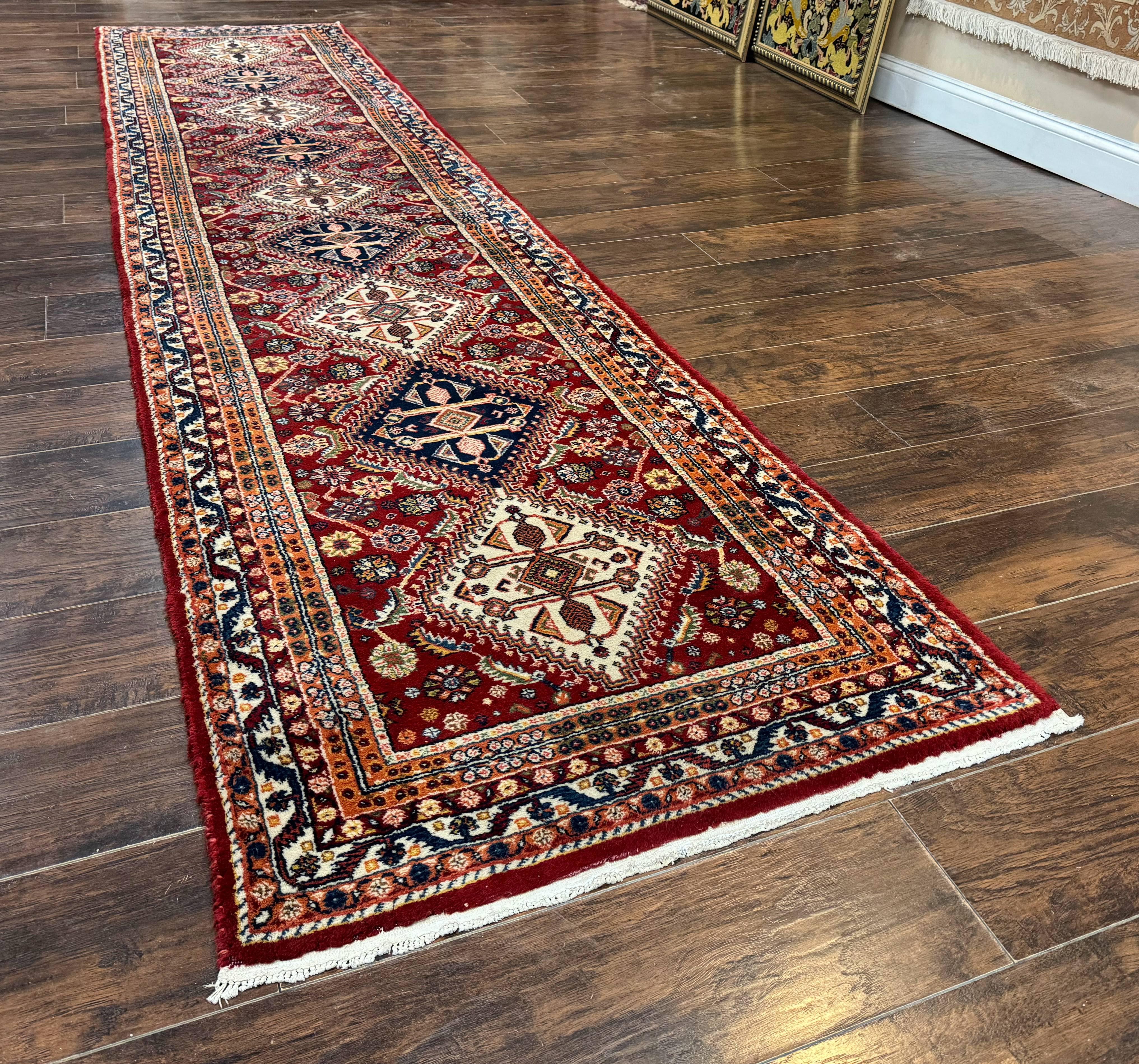 Antique Persian Qashqai Runner Rug 3 x 13 ft, Tribal Runner, Geometric Medallions, Red Ivory Blue, Wool - Jewel Rugs
