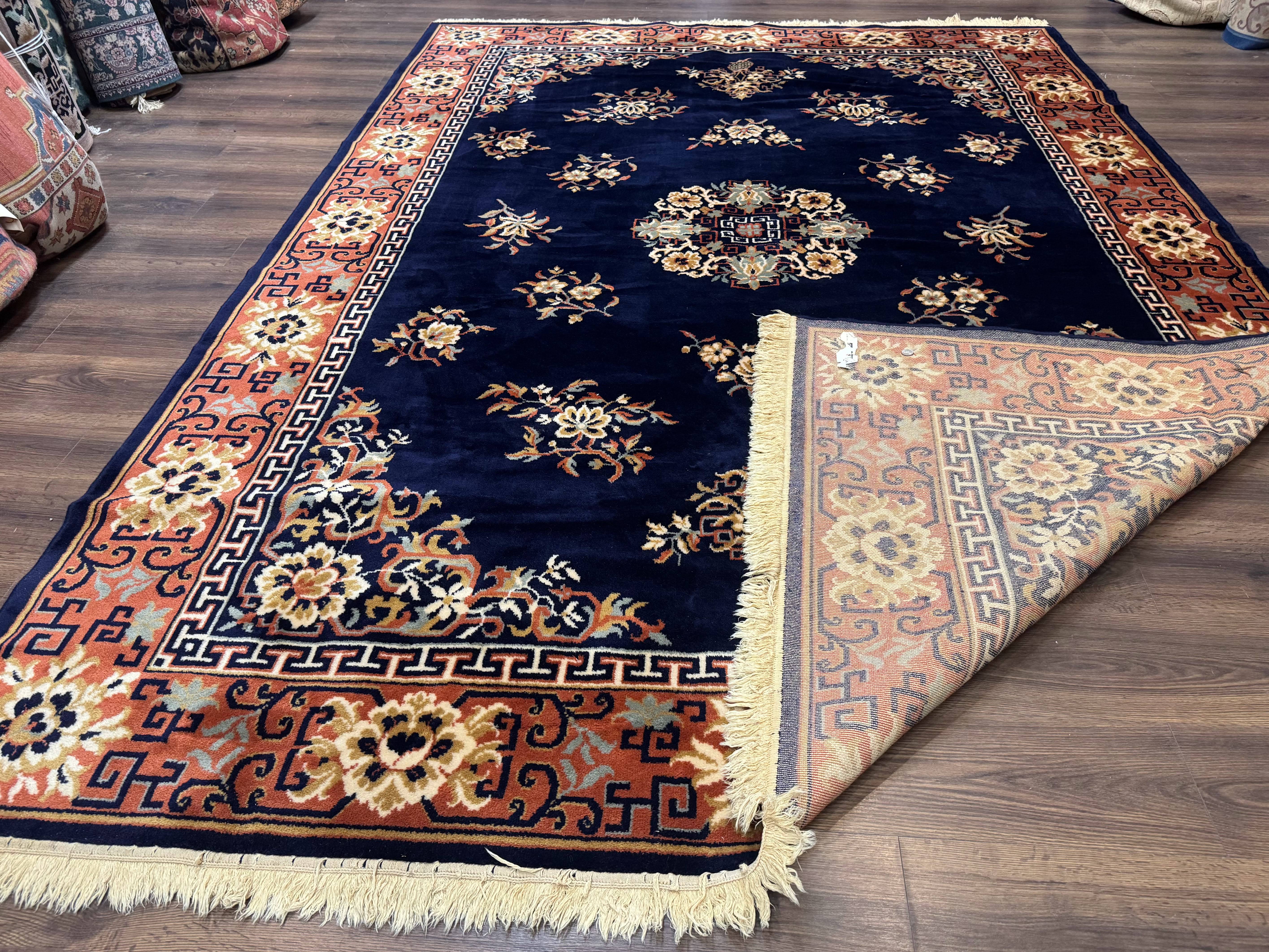 Chinese Wool Rug 8x11, Navy Blue and Terracotta, Floral, Couristan Belgium Power Loomed Carpet - Jewel Rugs