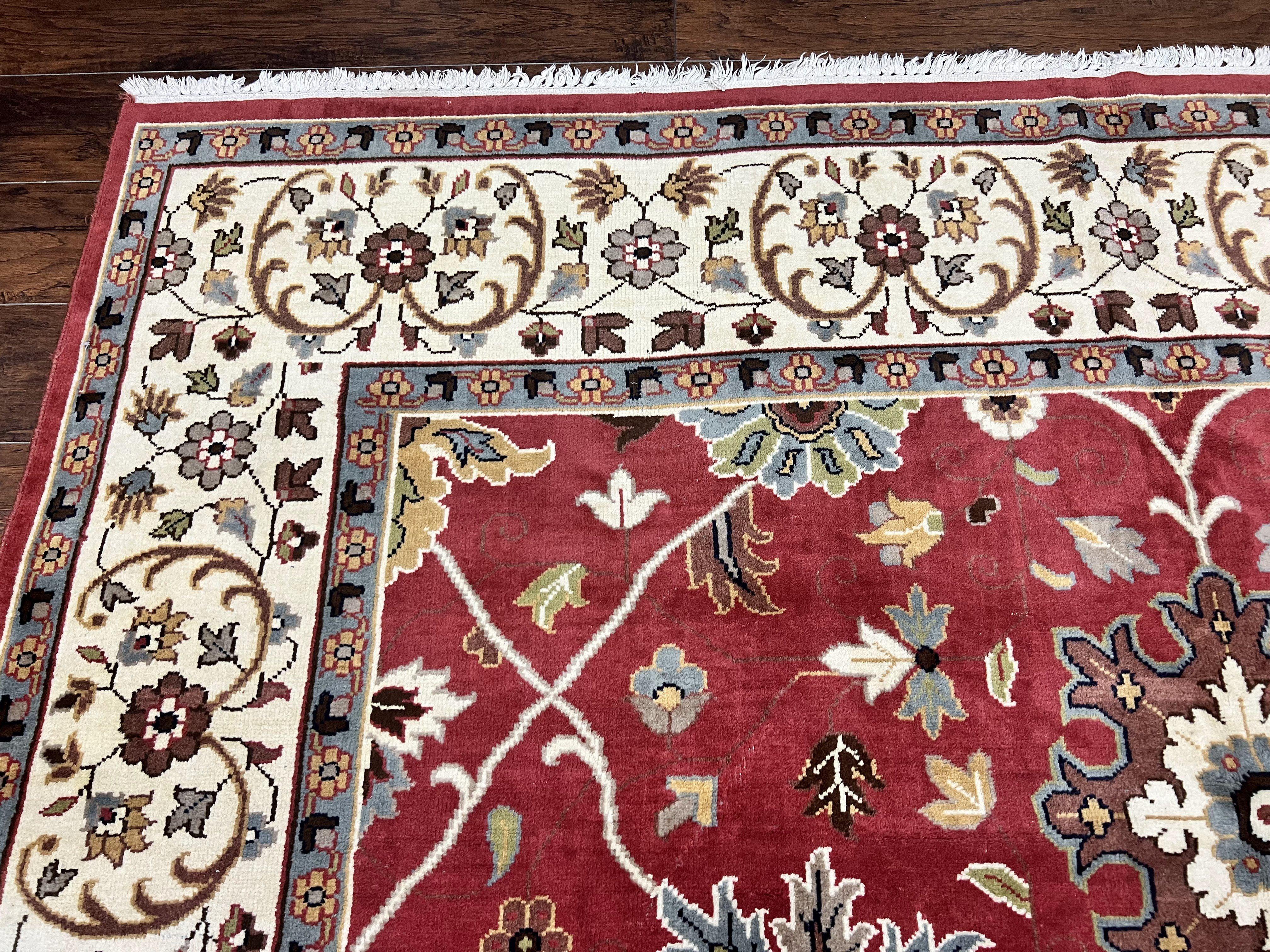 Indo Persian Rug 9x12, Wool Hand Knotted Vintage Carpet, Red & Ivory, Floral Allover, 9 x 12 Room Sized Rug - Jewel Rugs