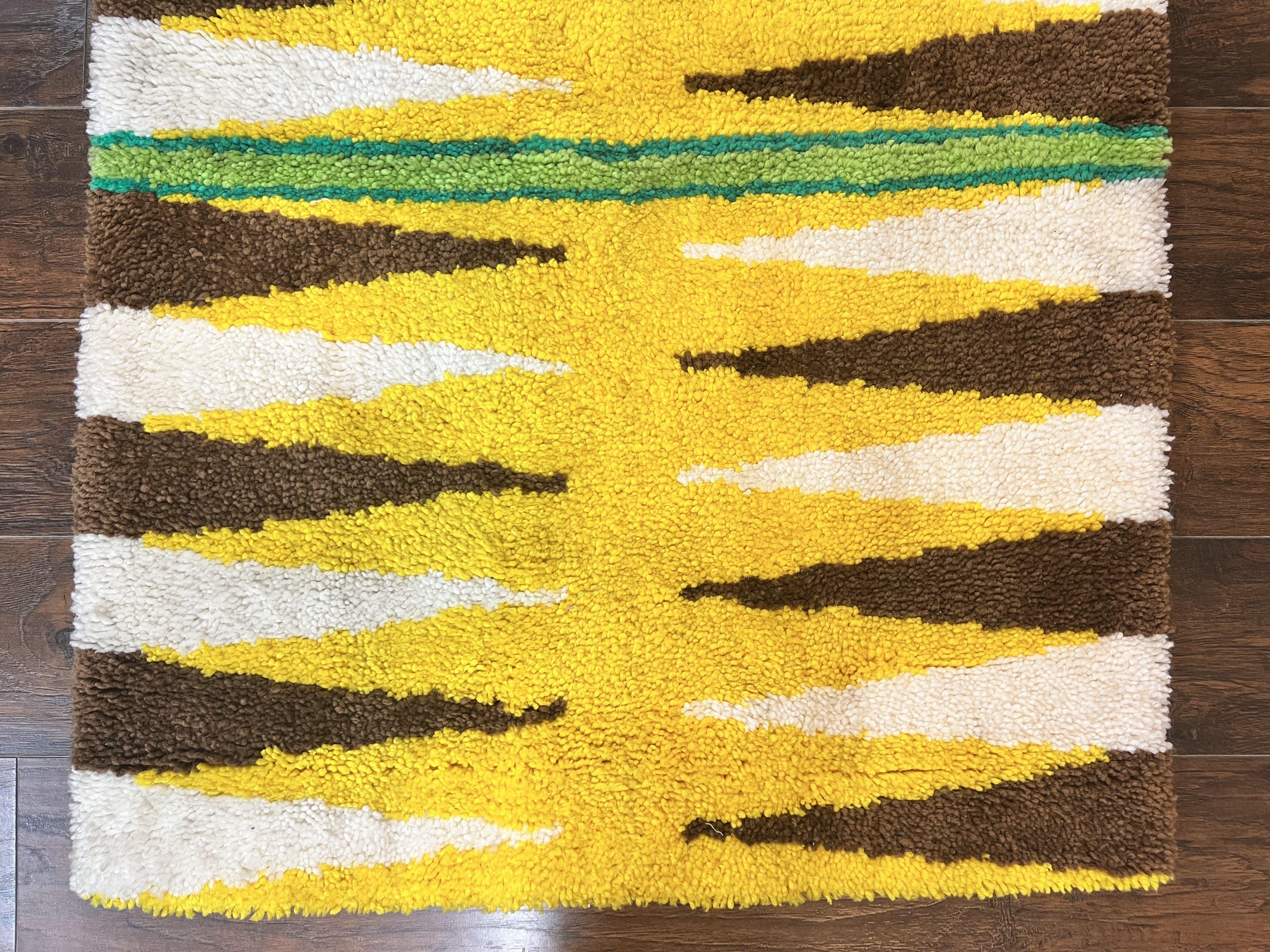Danish Rya Rug 3x4, Vintage Mid Century Retro Rya Shag Rug, Stripes, Yellow Ivory Brown - Jewel Rugs
