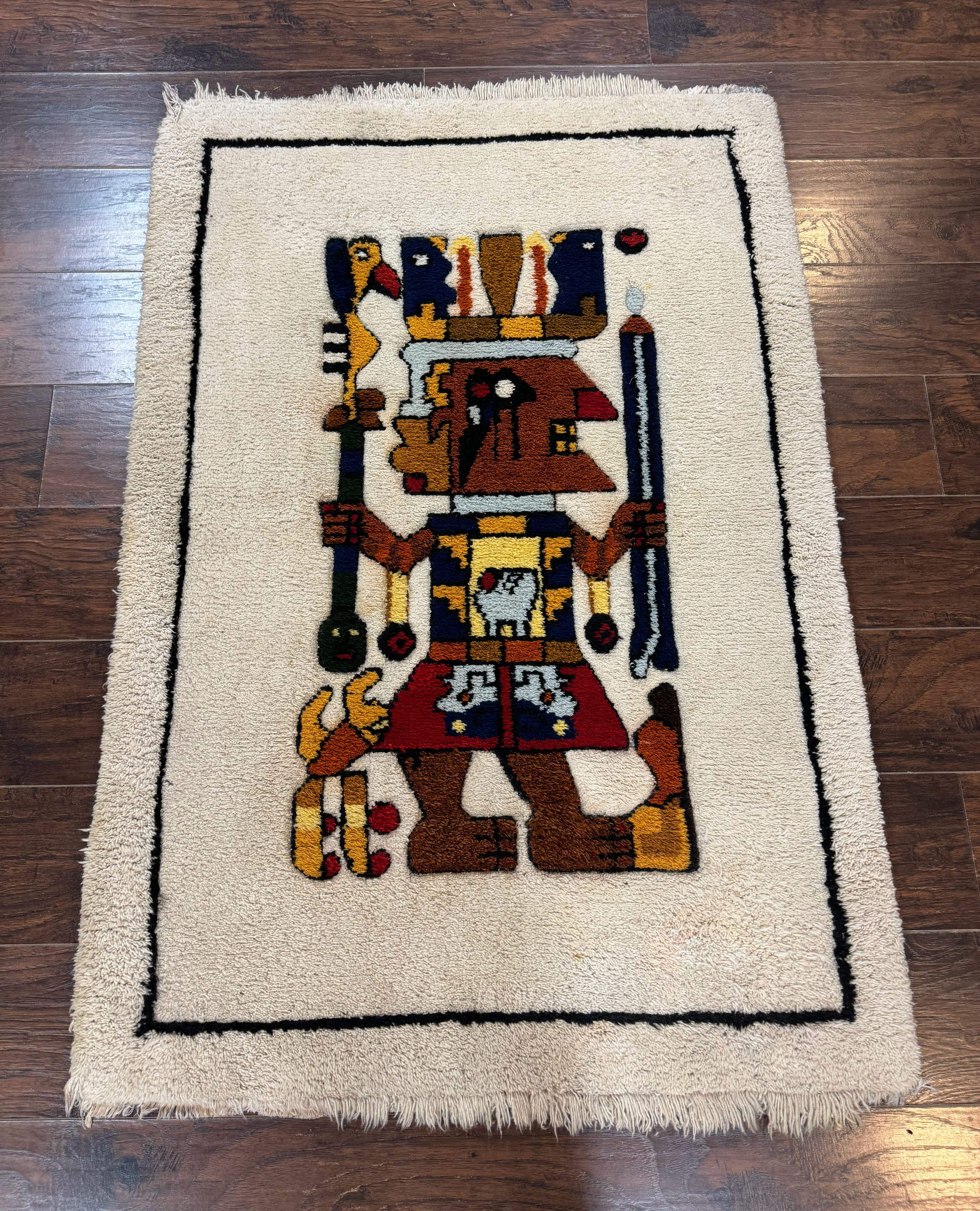 South American Shag Rug 3x5 – Ivory, Pictorial, Vintage Peruvian Native American Wool Rug - Jewel Rugs