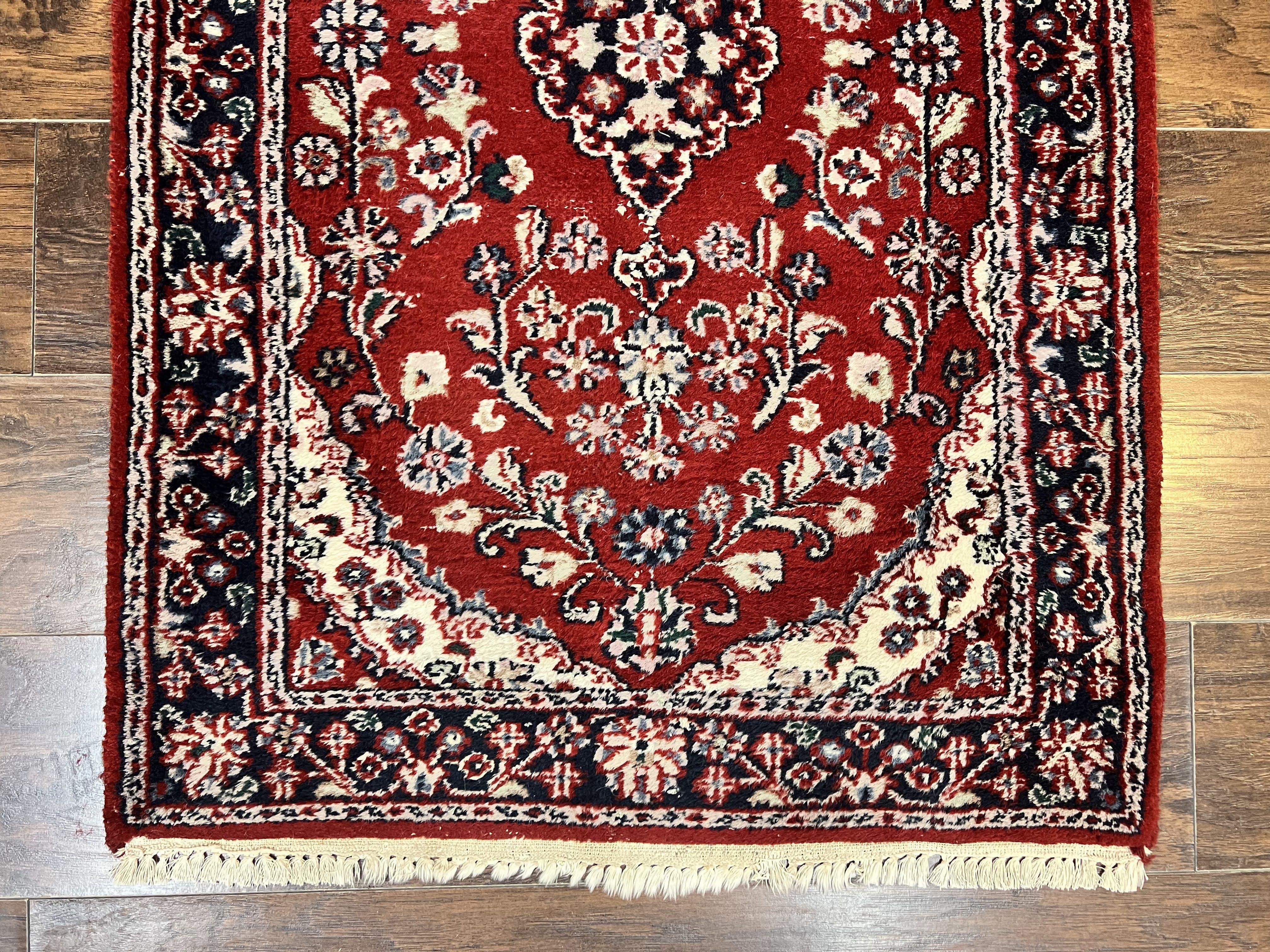 Indo Sarouk Runner Rug 3x8, Wool Hand Knotted Vintage Carpet, Red & Navy Blue Oriental Persian Runner 3 x 8, Floral Hallway Rug - Jewel Rugs