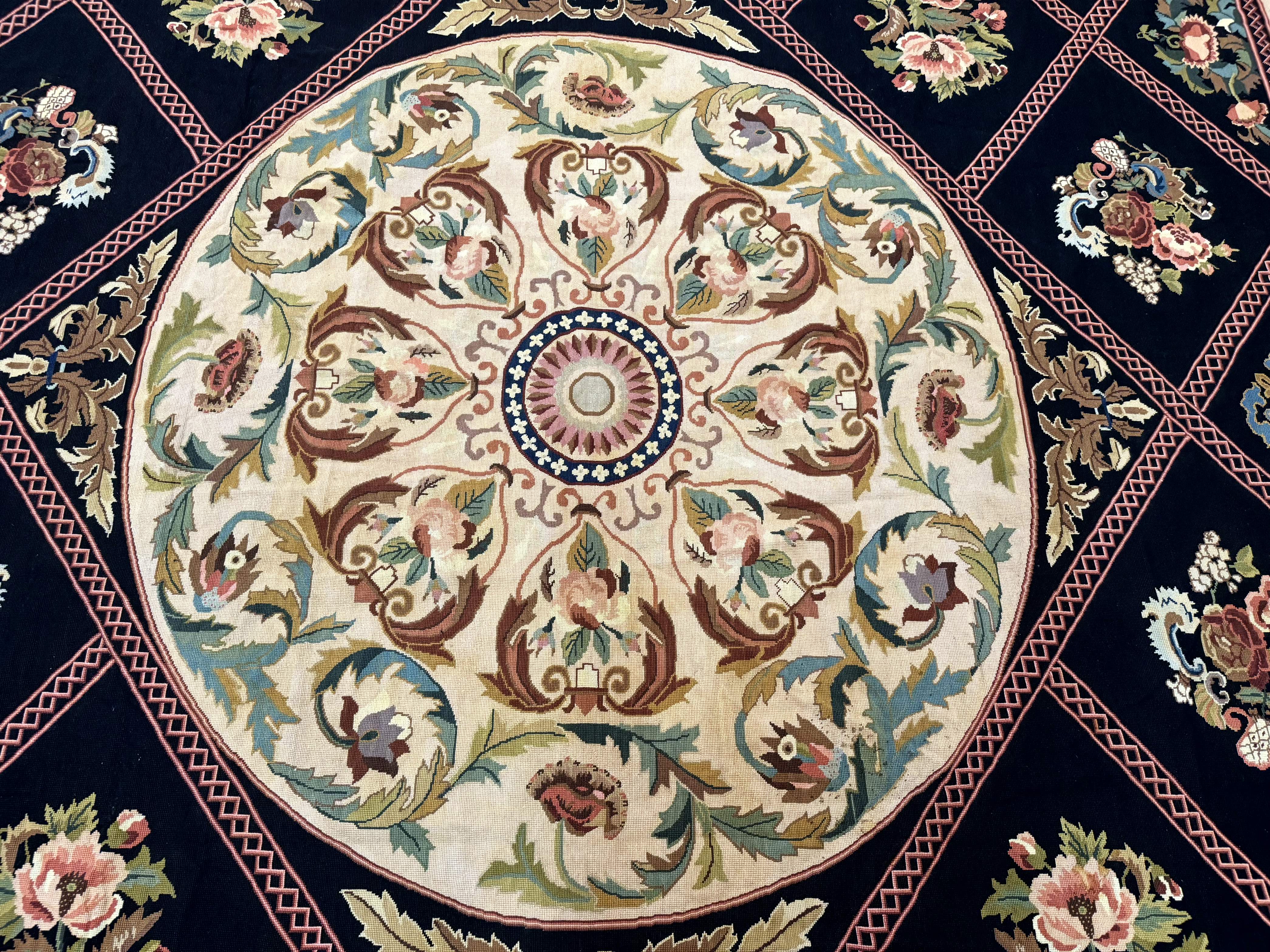 Palace Size Needlepoint Rug 12x20, European French English Aubusson Floral Design, Black and Beige - Jewel Rugs