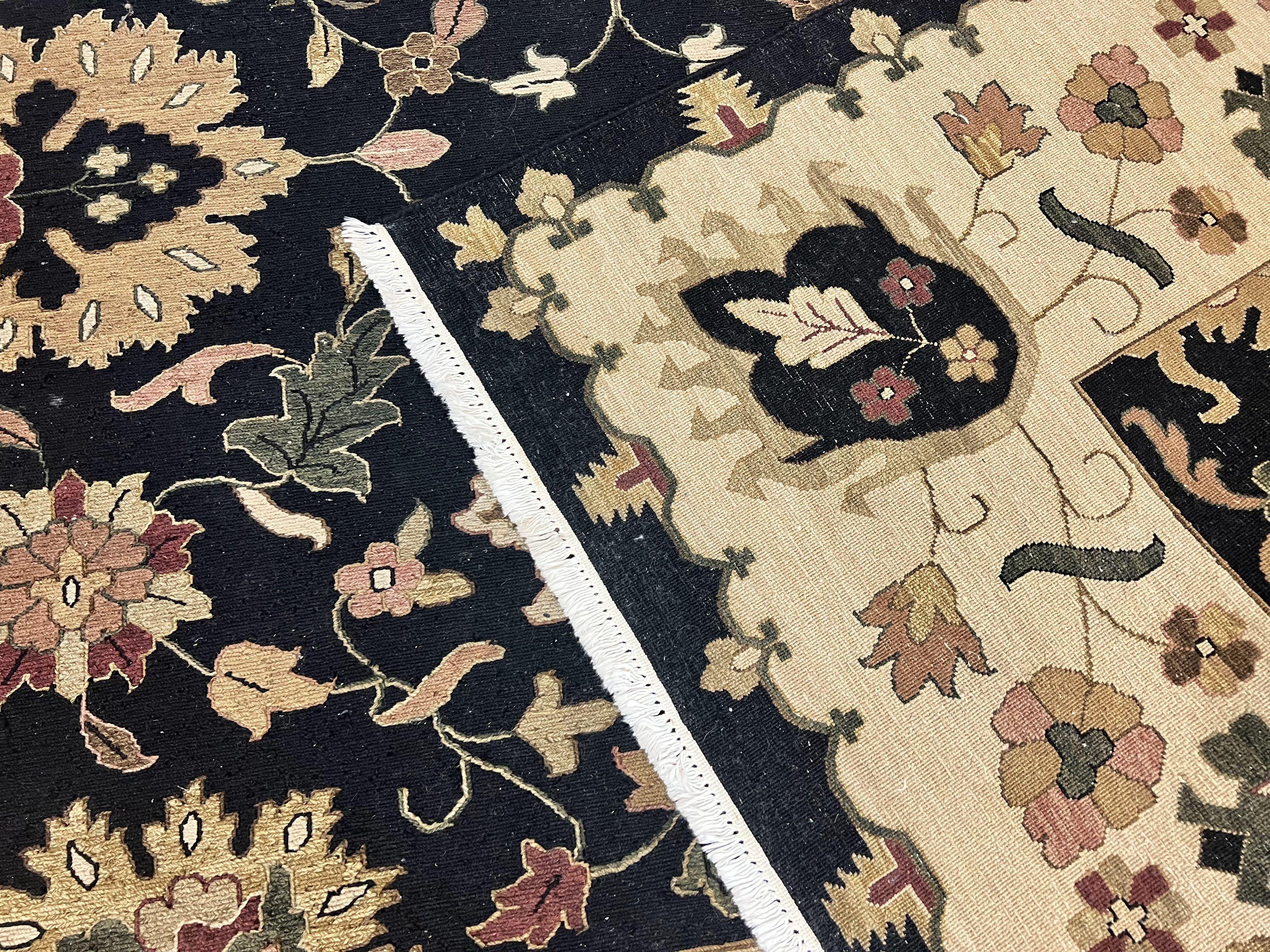 Indo Persian Rug 10x14, Wool Handmade Room Sized Floral Oriental Carpet, Indian Mahal Flatweave Rug, Black Beige - Jewel Rugs