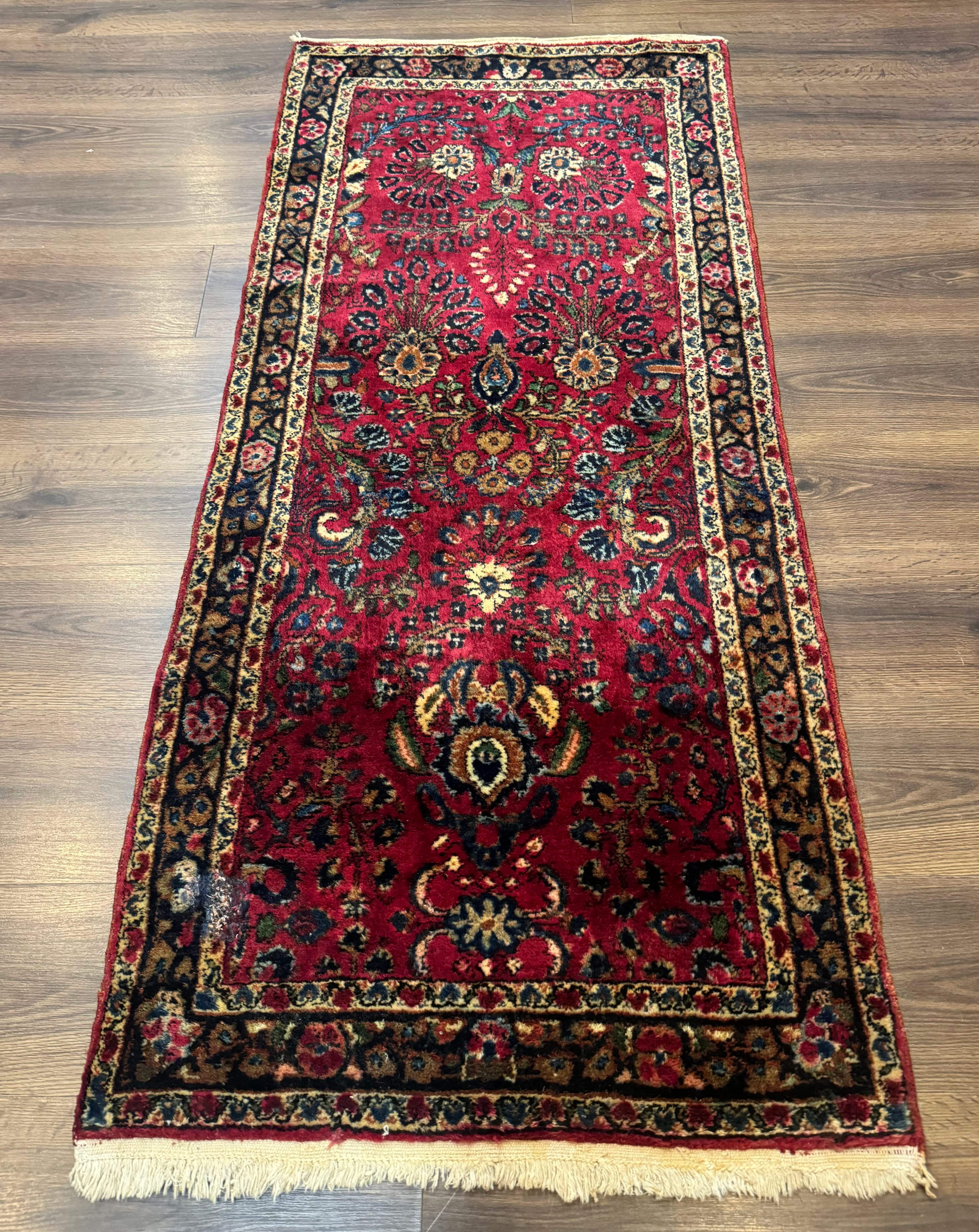 Persian Lilian Short Runner Rug 2.6 x 5.7 – Dark Red and Navy, Hand-Knotted Wool Carpet - Jewel Rugs
