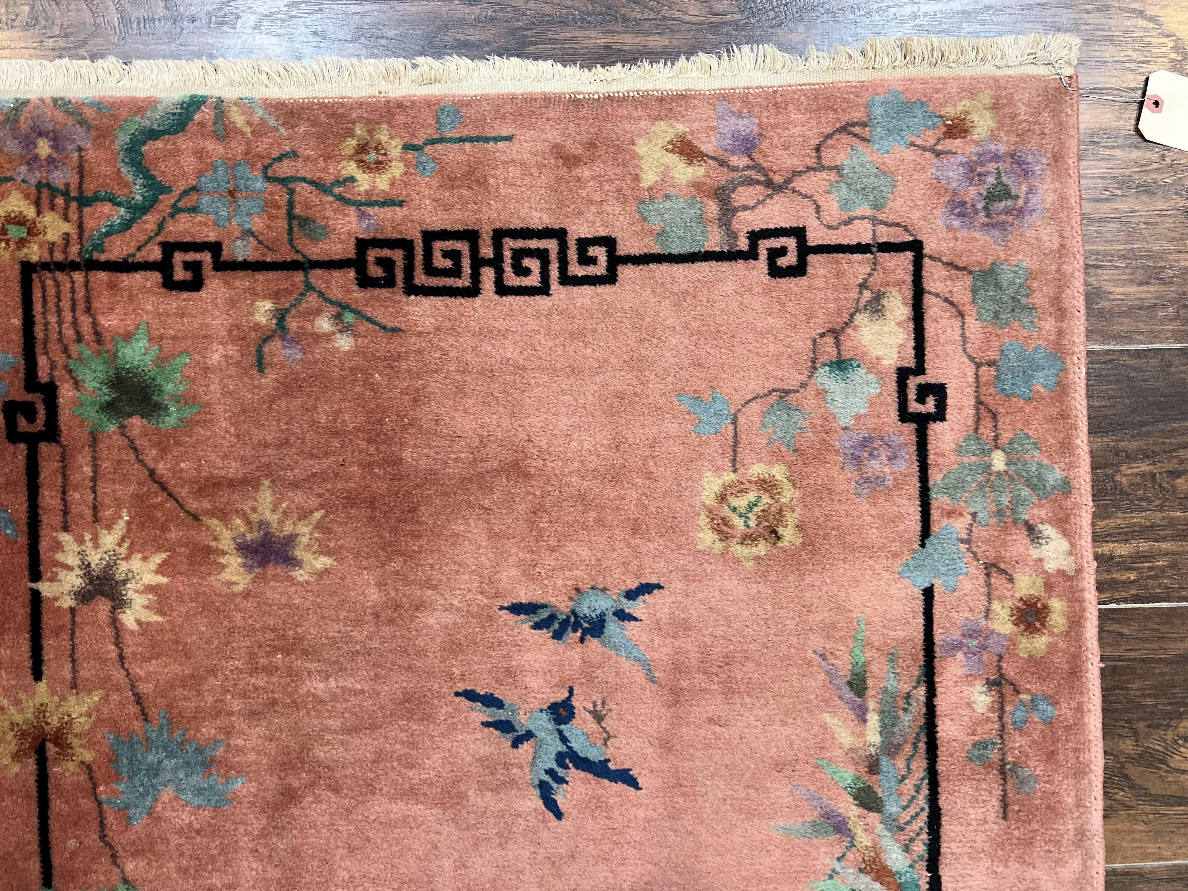 Chinese Art Deco Rug 3x5, Wool Hand Knotted Semi Antique Vintage Carpet, Salmon Red, Birds Flowers, Asian Oriental Rug 3 x 5 - Jewel Rugs