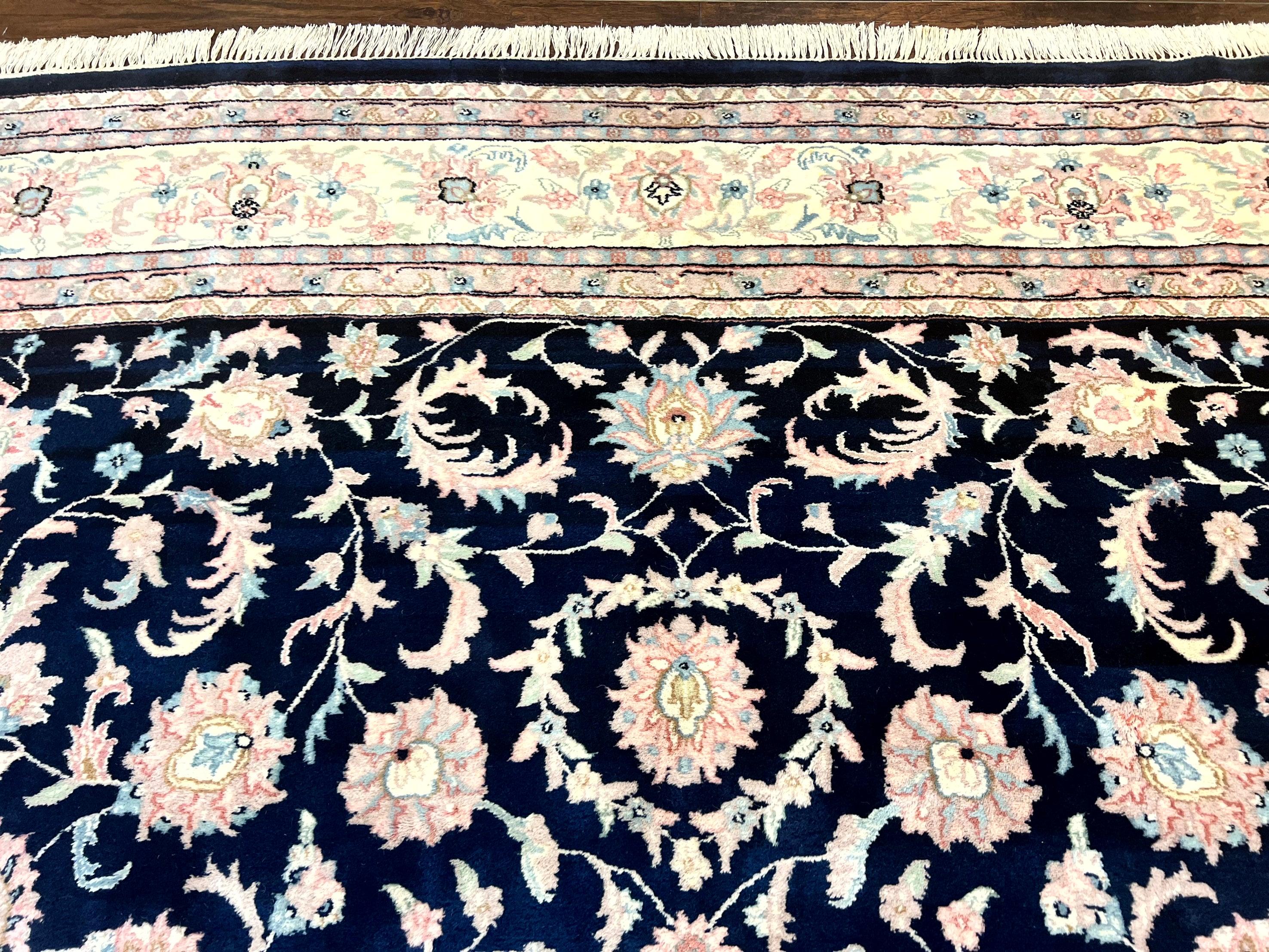 Indo Persian Rug 9x12, Navy Blue and Ivory/Cream, Floral Allover, Wool Vintage Handmade Carpet - Jewel Rugs