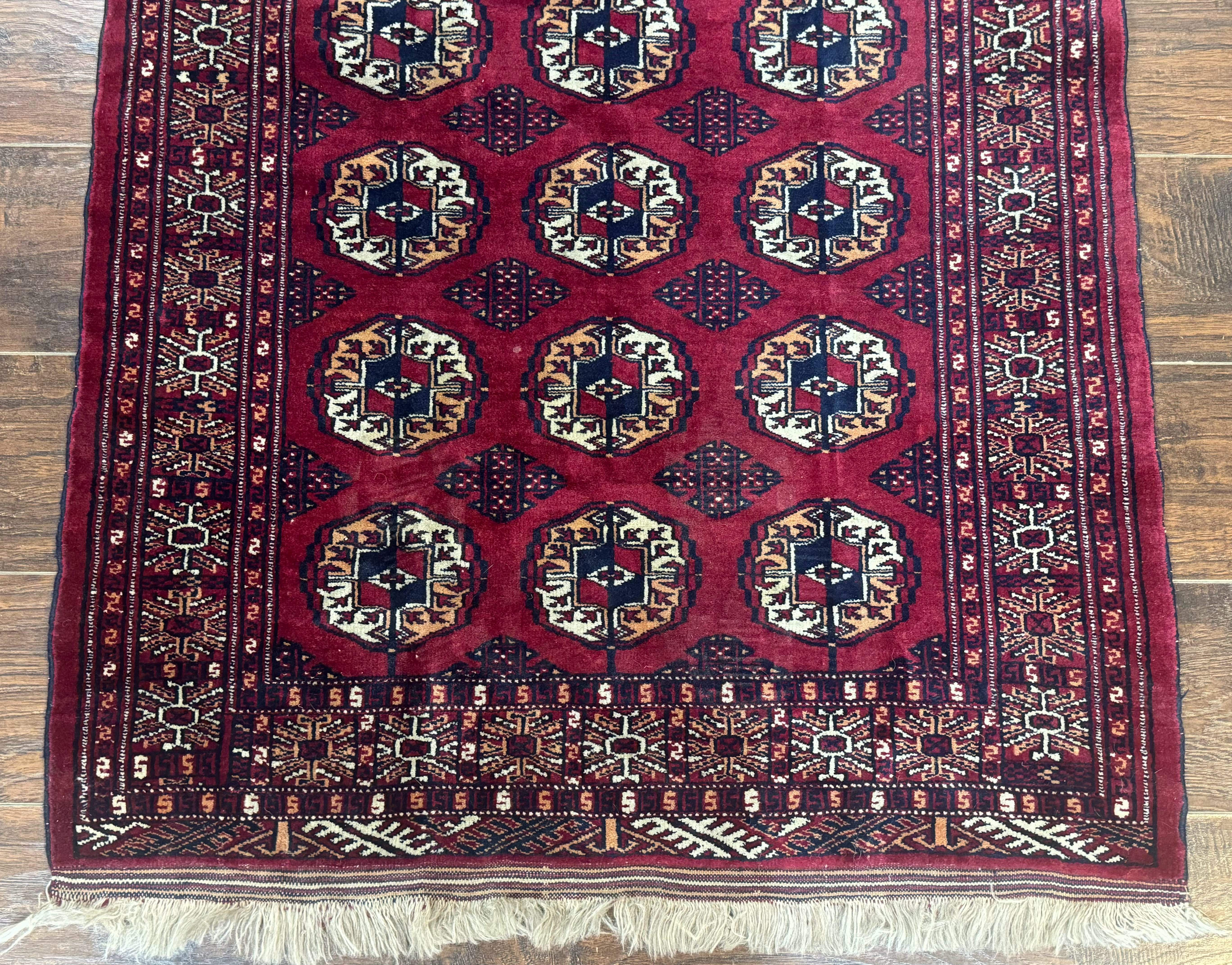 Persian Turkoman Rug 3x4 – Raspberry Red and Ivory, Handmade Wool Vintage Carpet - Jewel Rugs