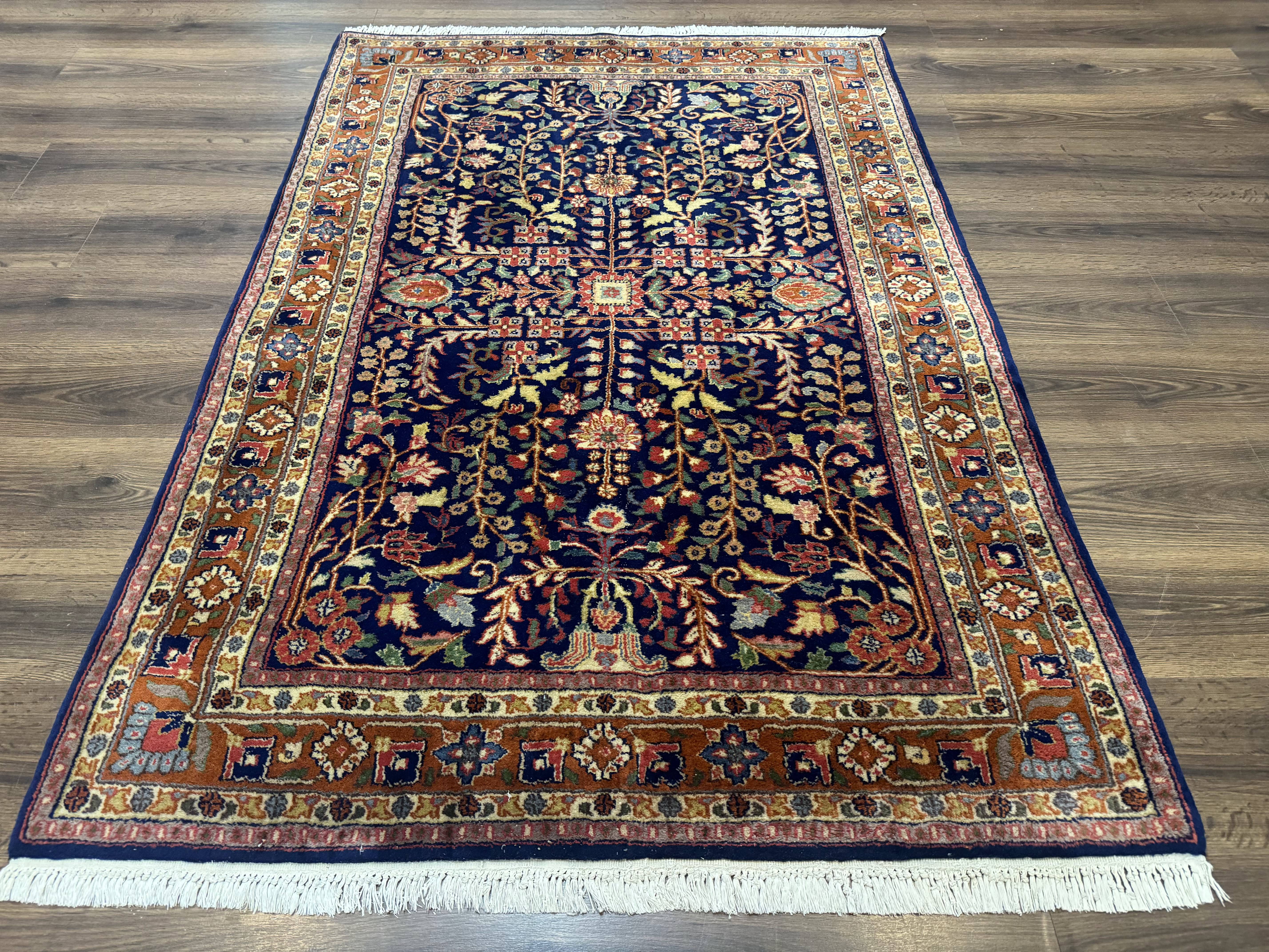 Indo Persian Sarouk Rug 4x6, Blue and Rust Red - Jewel Rugs