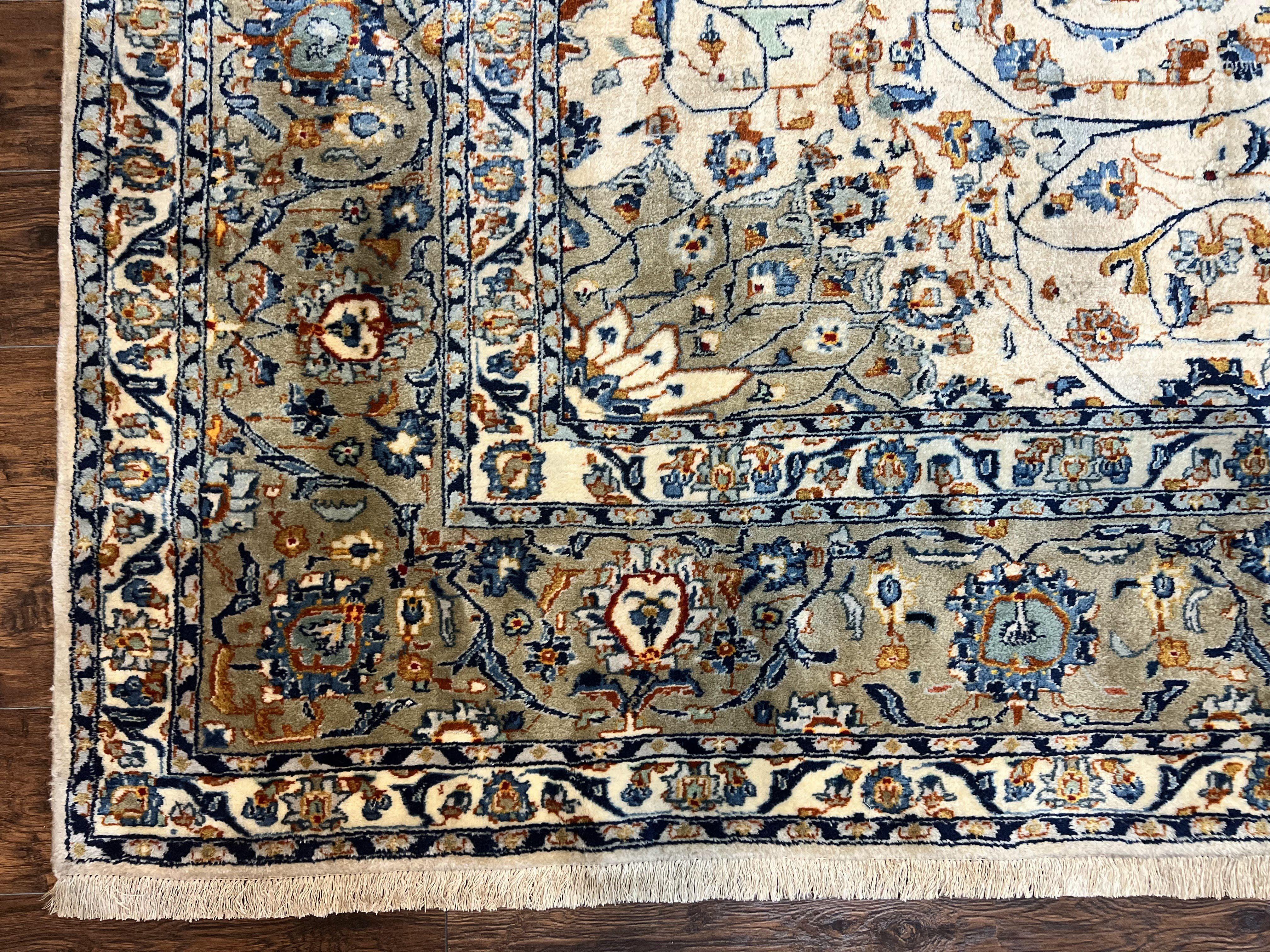 Persian Kashan Rug 10x13, Floral Medallion, Cream, Hand Knotted Antique Persian Carpet, Large Wool Rug - Jewel Rugs