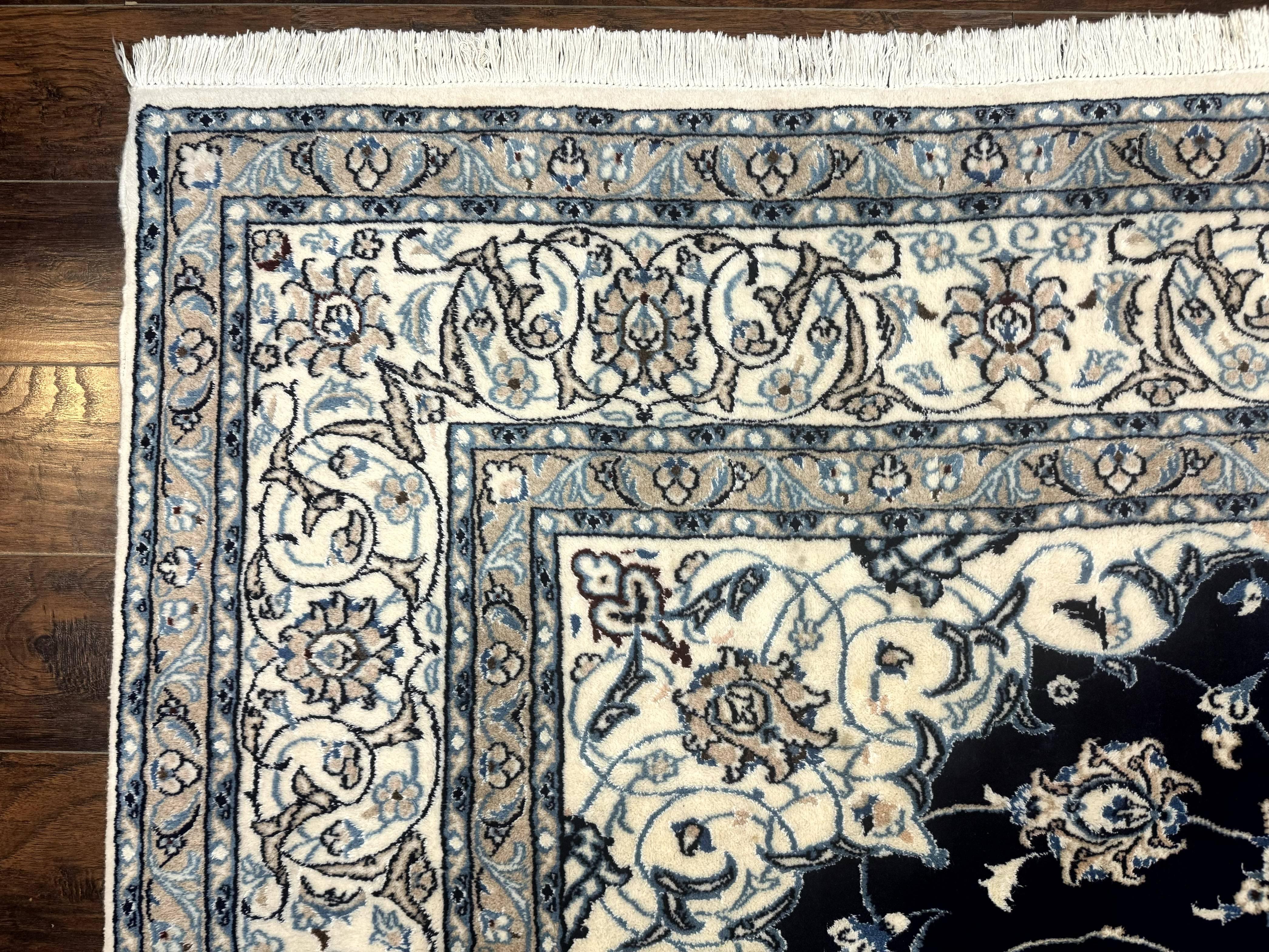Persian Nain Rug 8x11, Navy Blue and Ivory, Handmade Wool Vintage Carpet, Floral Medallion - Jewel Rugs