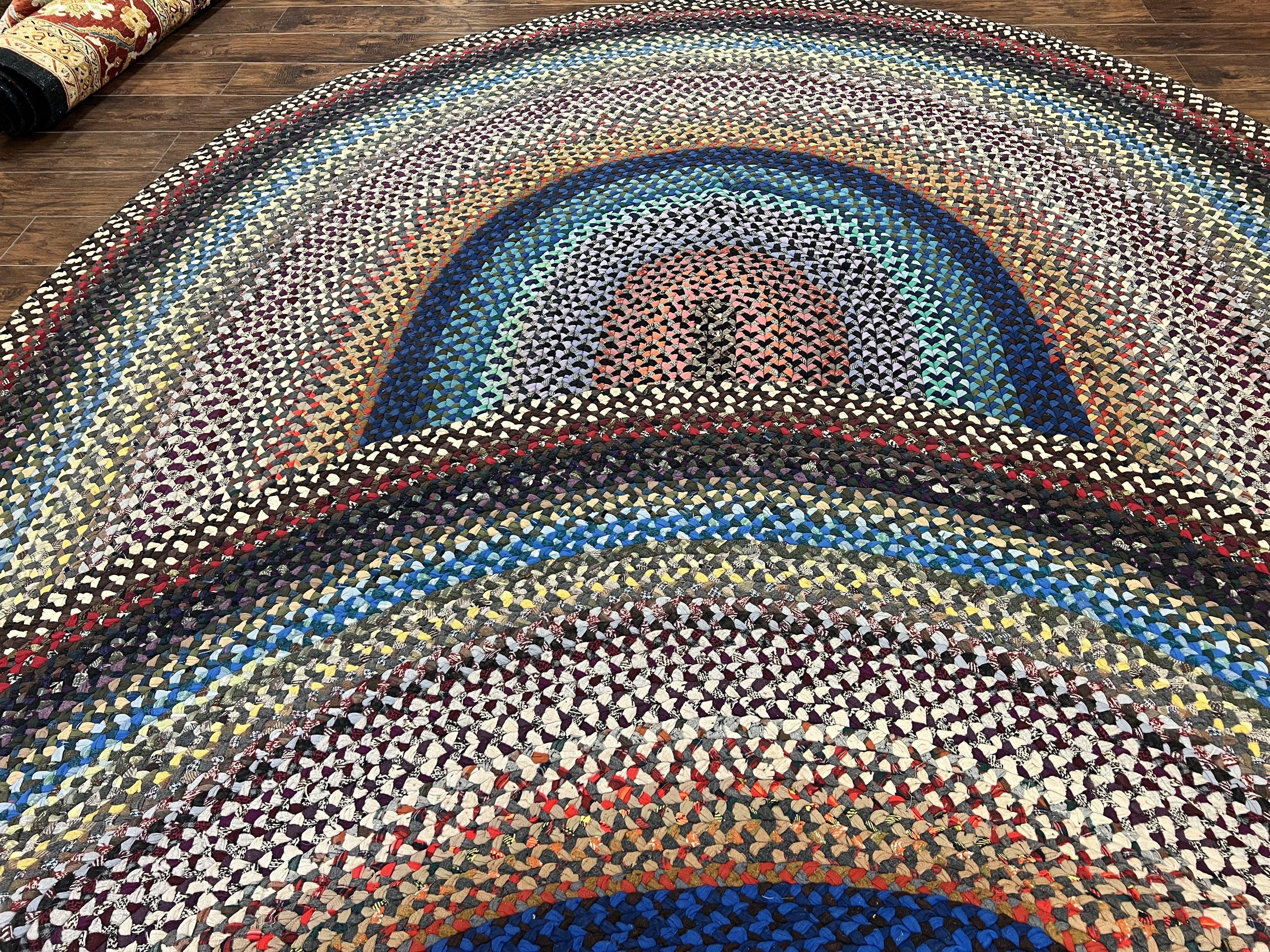 Large American Braided Rug 10x13, Colorful Wool Hand Braided Vintage Mid Century Braided Carpet, Large Multicolor Oval Braided Rug 10 x 13 - Jewel Rugs
