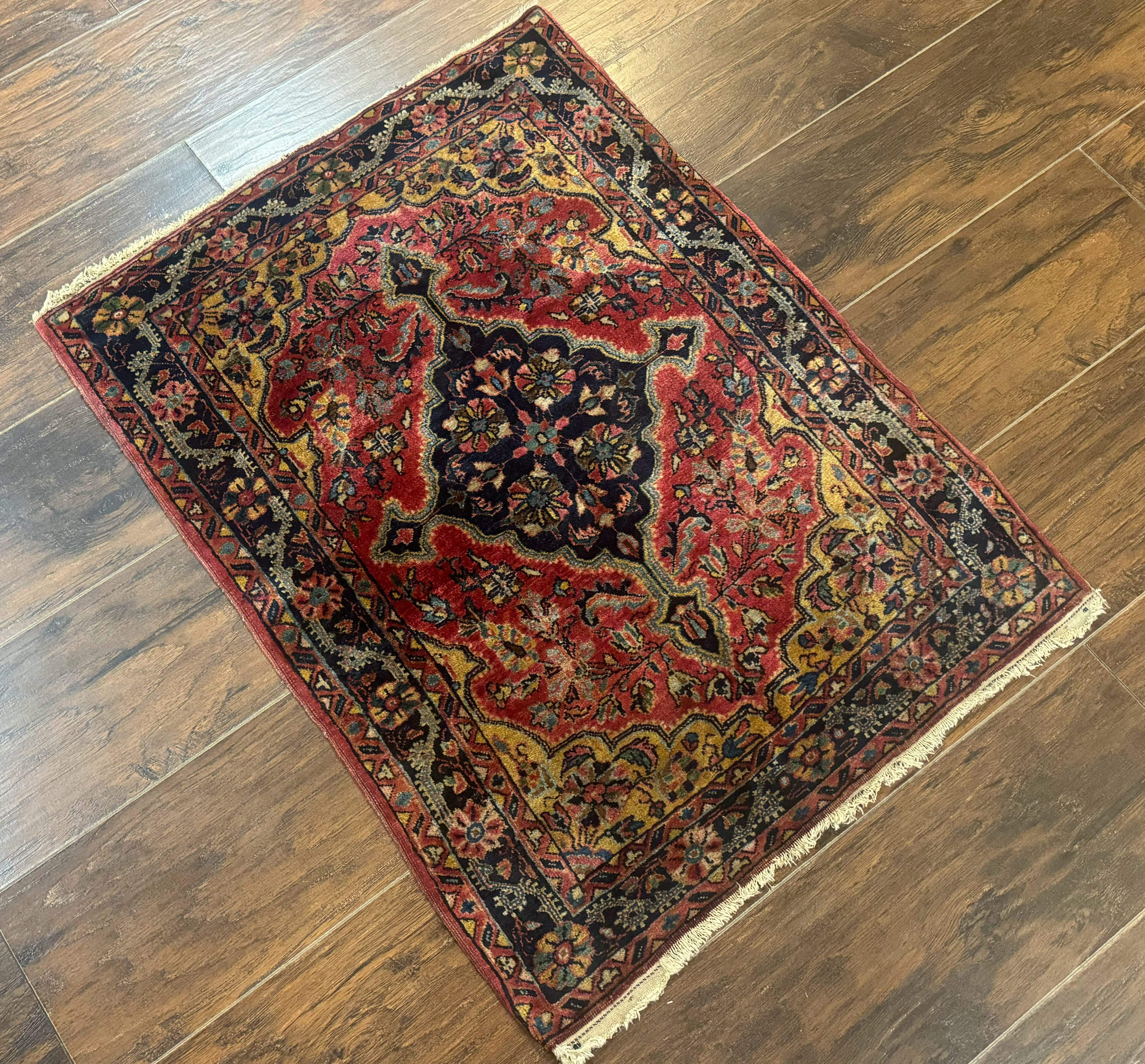 Persian Sarouk Rug 2x3 – Red and Navy, Small Hand-Knotted Wool Antique Accent Rug - Jewel Rugs