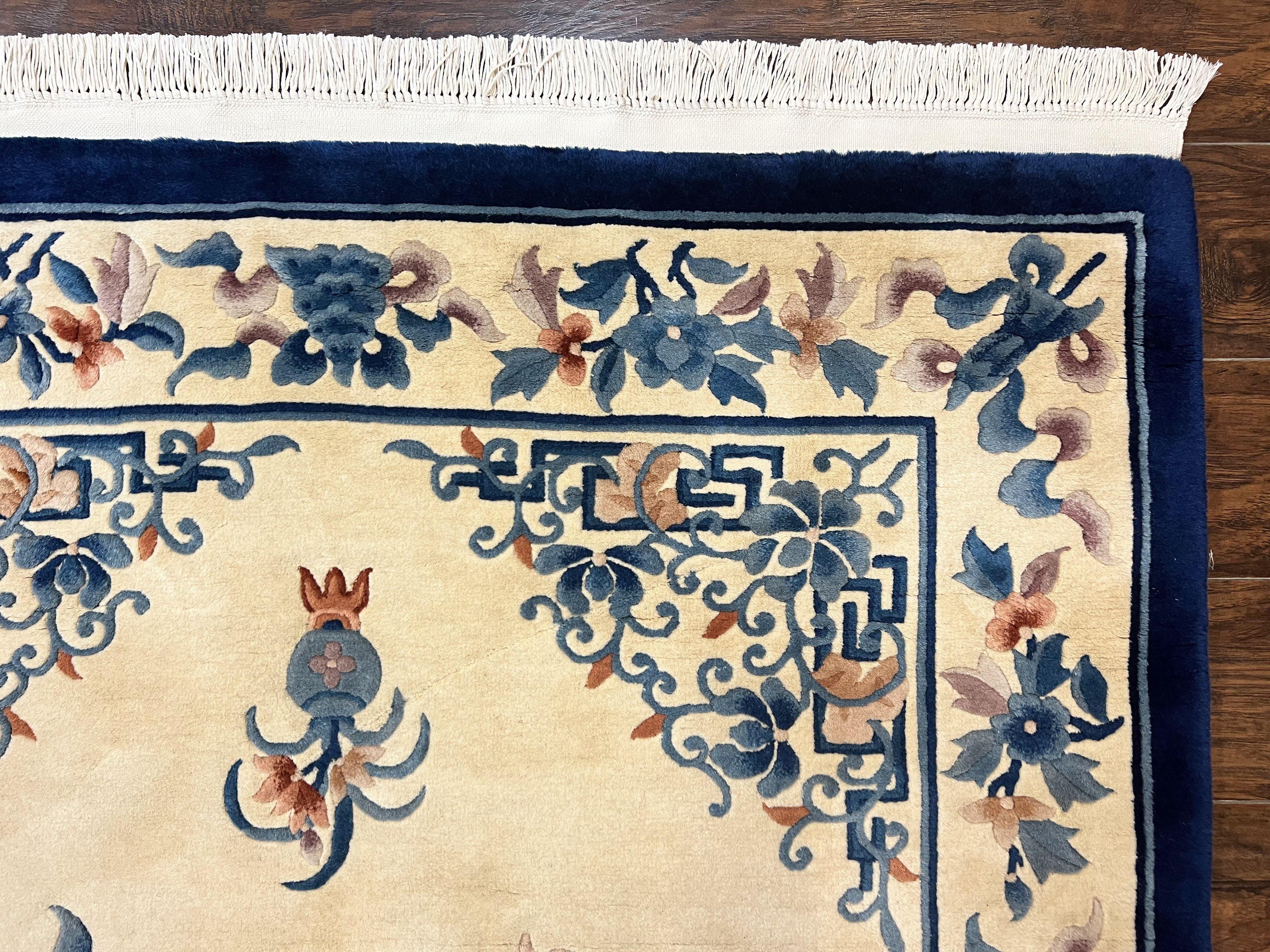 Chinese Wool Rug 5x8, Vintage Art Deco Chinese Carving Sculpture Carpet, Cream and Blue, Handmade Asian Oriental 90 Line Rug - Jewel Rugs