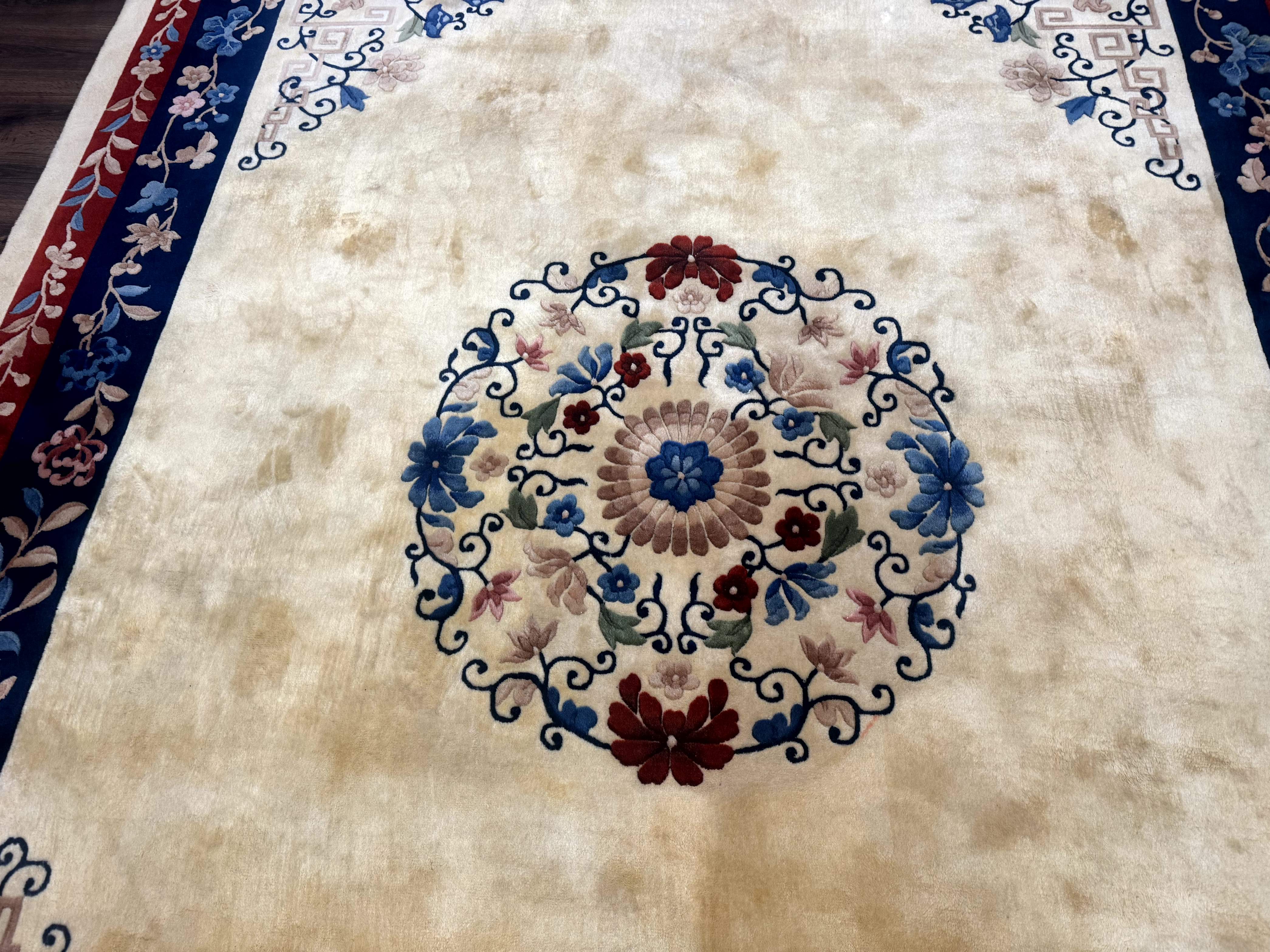Chinese Rug 10x14 – Cream and Navy, 90 Line Vintage Wool Carpet - Jewel Rugs