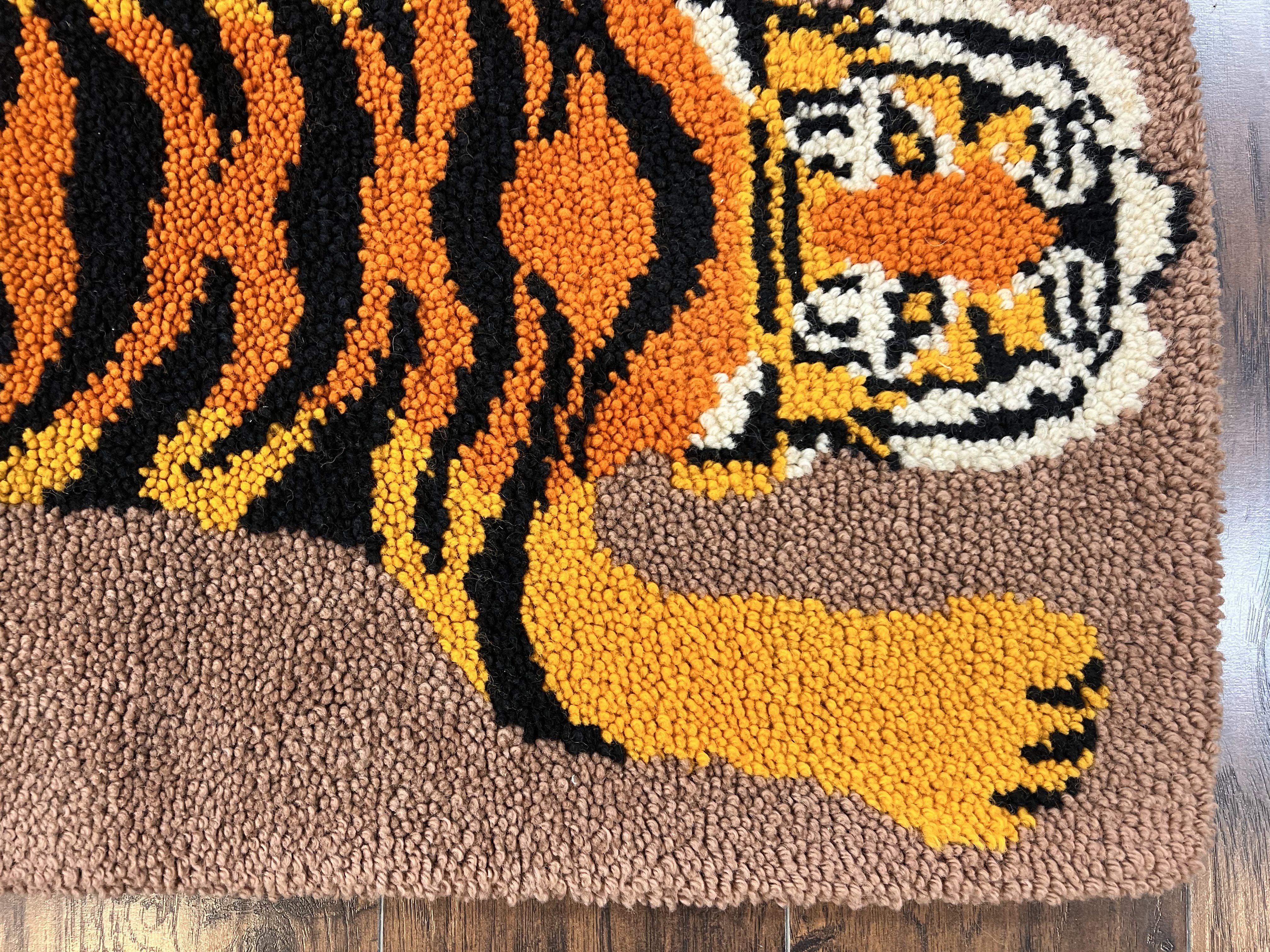 Small Hooked Rug 2x3, Tibetan Tiger Design, Wool, Unique Hooked Rug, Vintage - Jewel Rugs