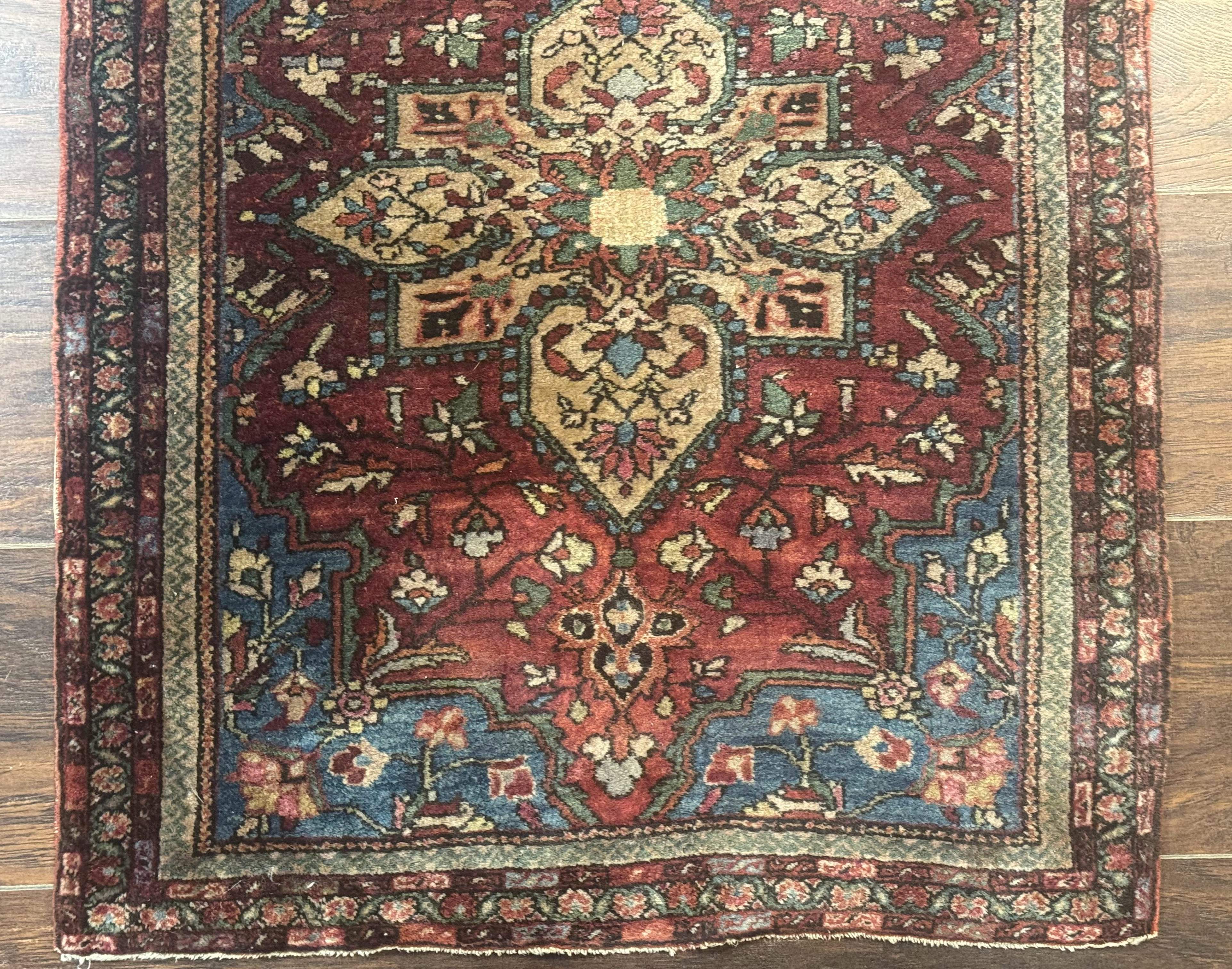 Sarouk Farahan Rug 2x3 - Rust Red and Light Blue, Handmade Wool Persian Small Scatter Rug, Antique, 225 KPSI - Jewel Rugs