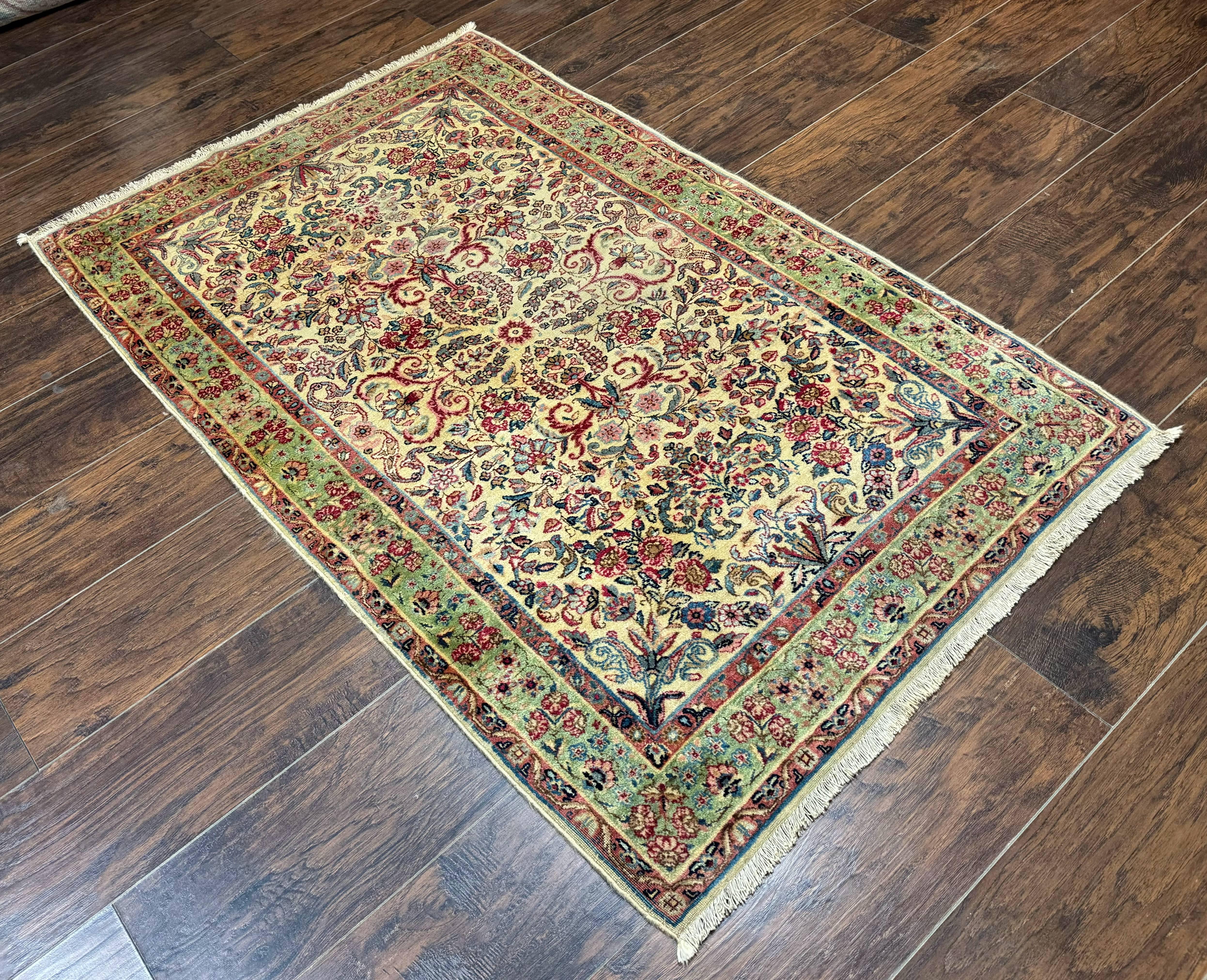 Antique Persian Kerman Rug 3x5, Floral Design, Cream and Light Green - Jewel Rugs
