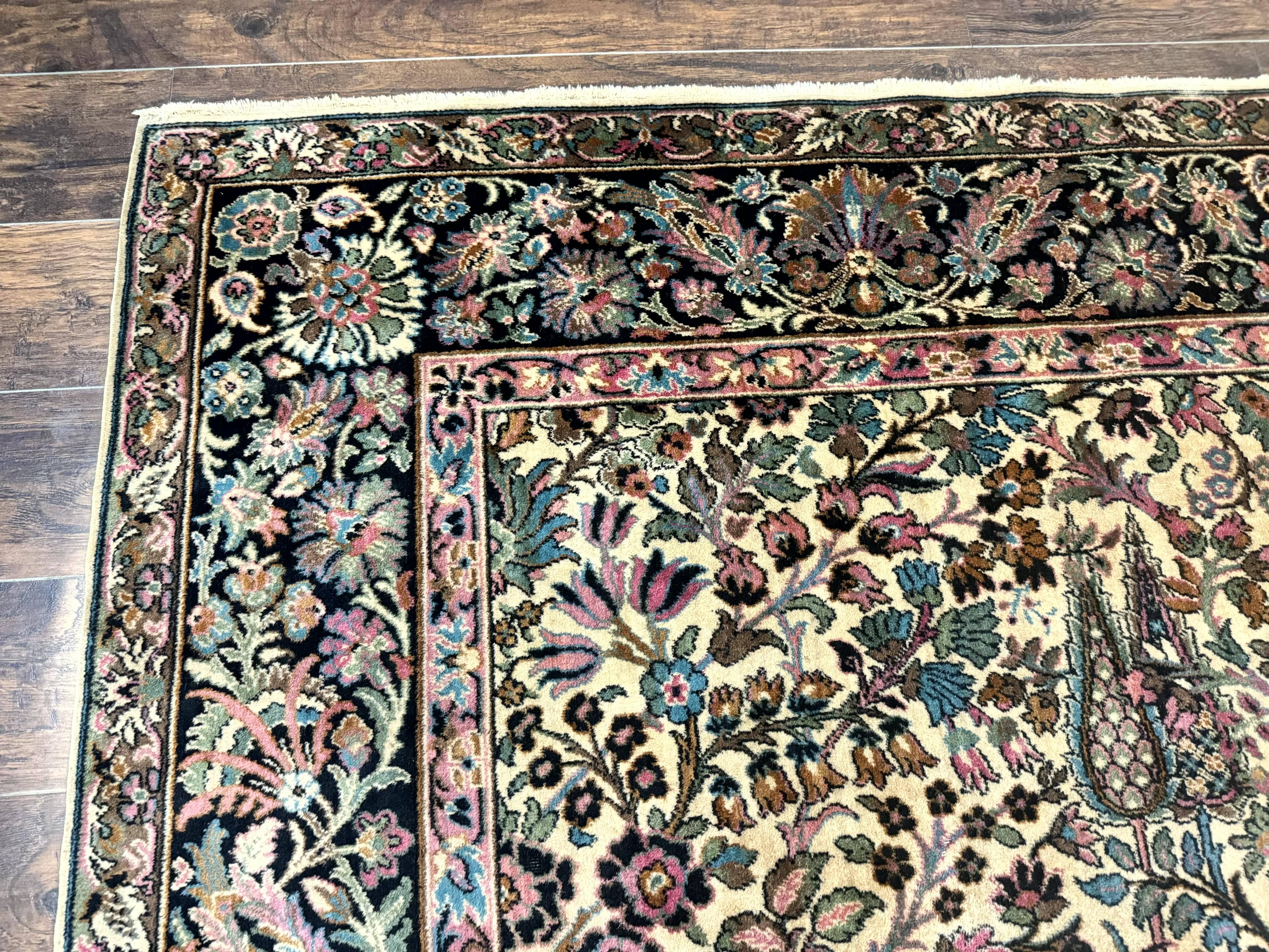 Persian Rug 9x12, Vintage Belgium Power Loomed Rug, Kirman Design, Cream and Navy Blue, Floral Allover Pattern, Wool, Cedar Trees, Gulistan - Jewel Rugs