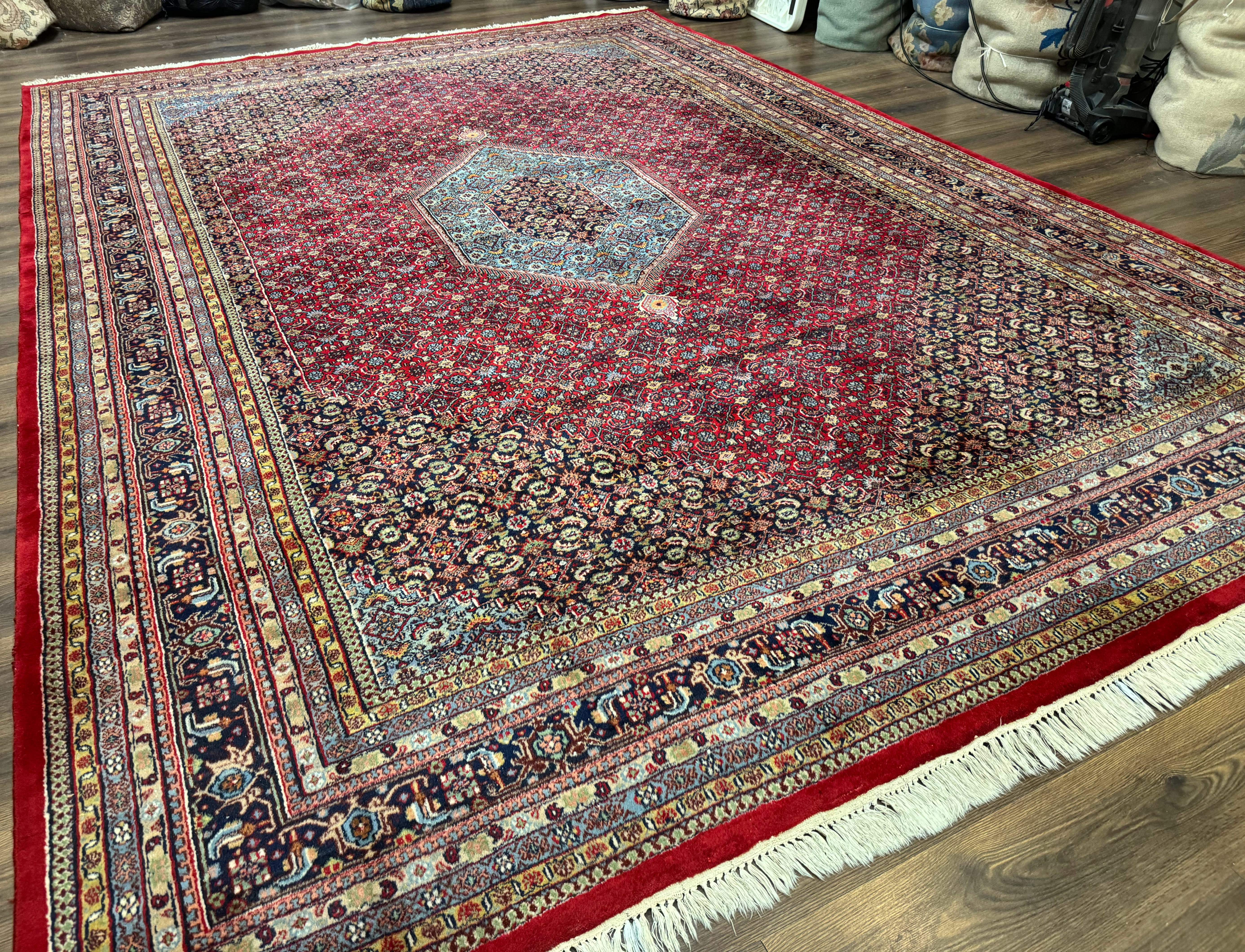 Indo Persian Bidjar Rug 10x14, Red and Dark Blue, Herati Mahi Pattern, Vintage - Jewel Rugs