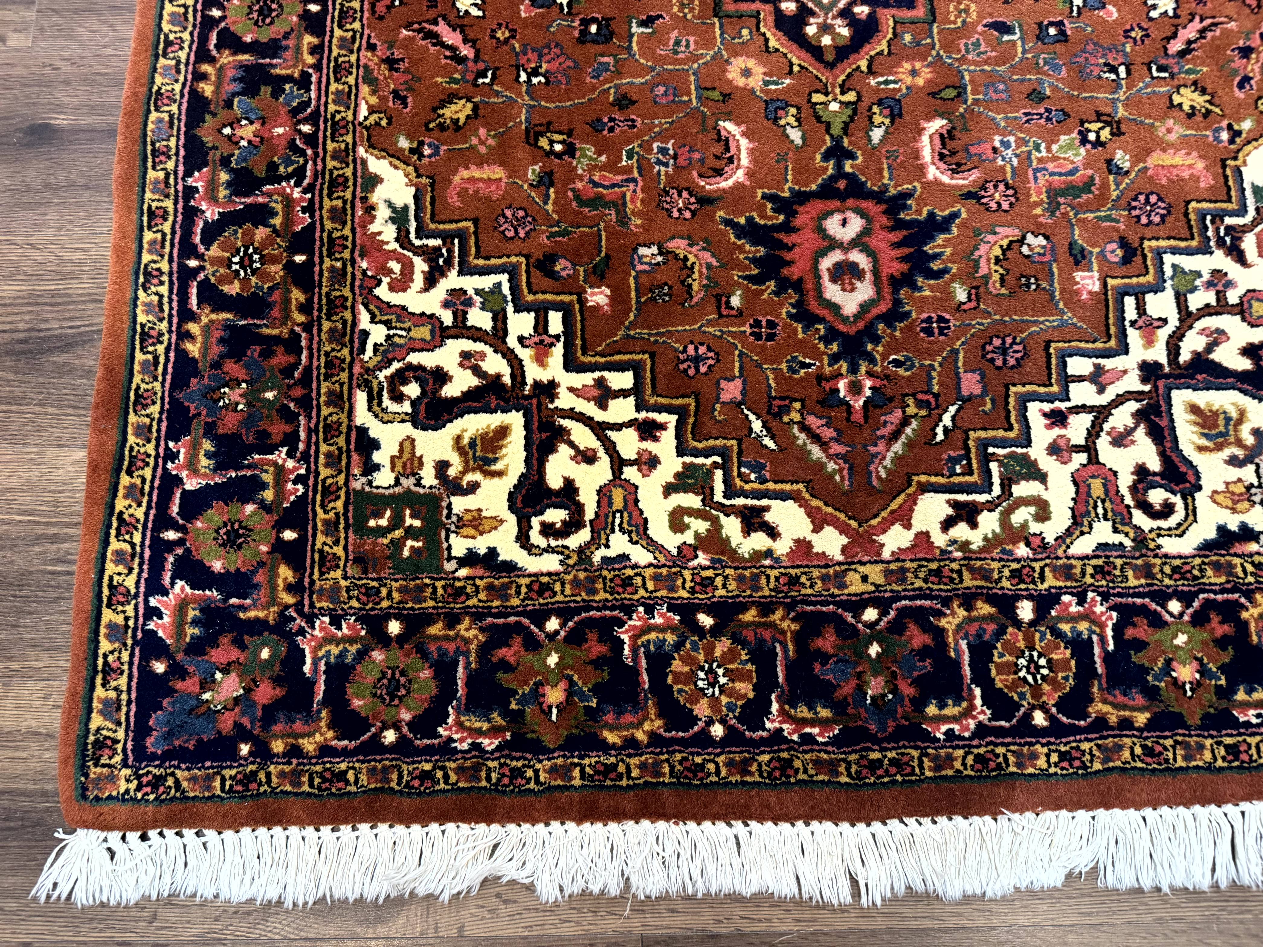 Indo Persian Heriz Rug 4x6, Rust Red Navy Blue and Cream - Jewel Rugs