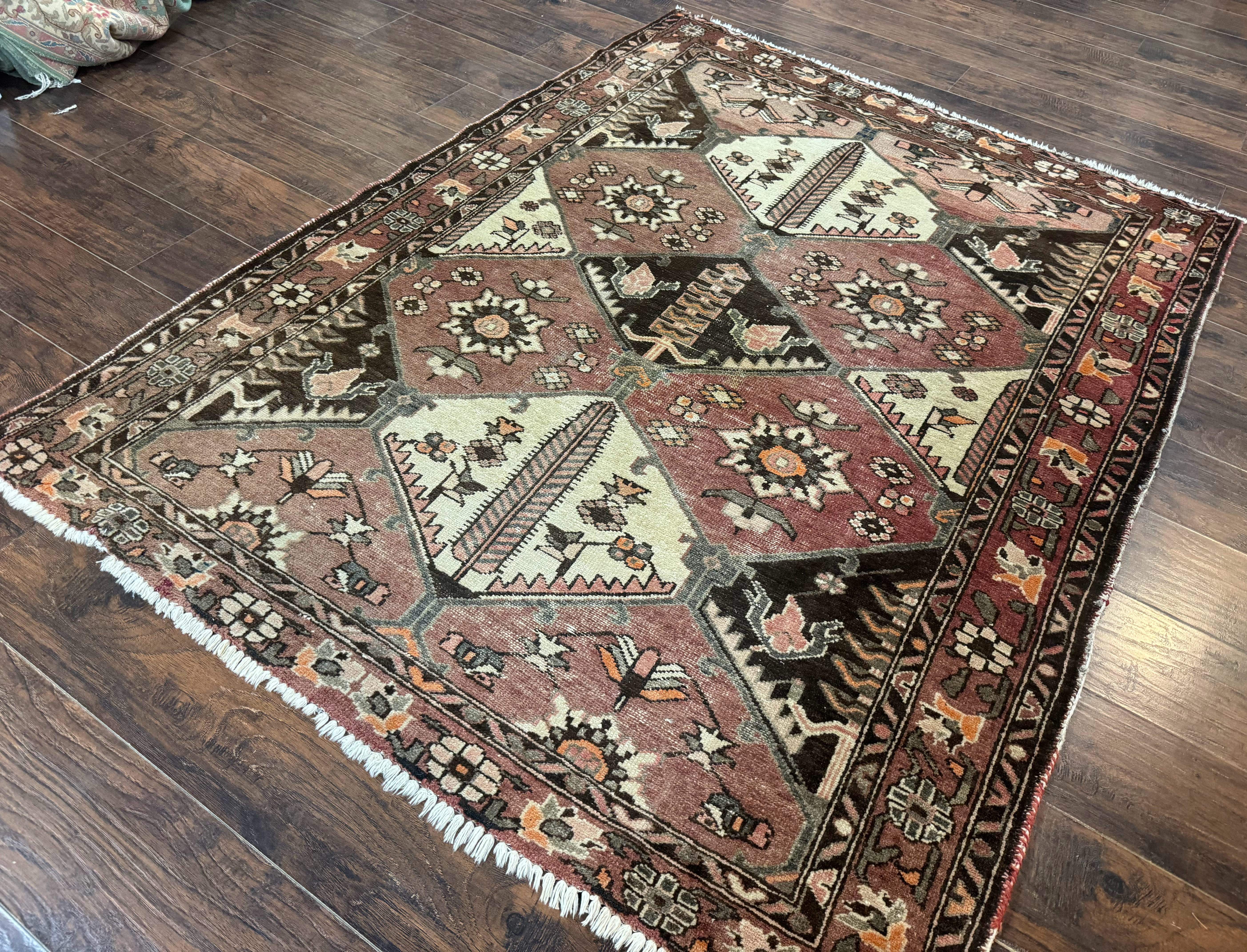 Persian Bakhtiari Rug 5x7 – Muted Rose and Cream, Wool Tribal Carpet, Geometric Panel Design - Jewel Rugs