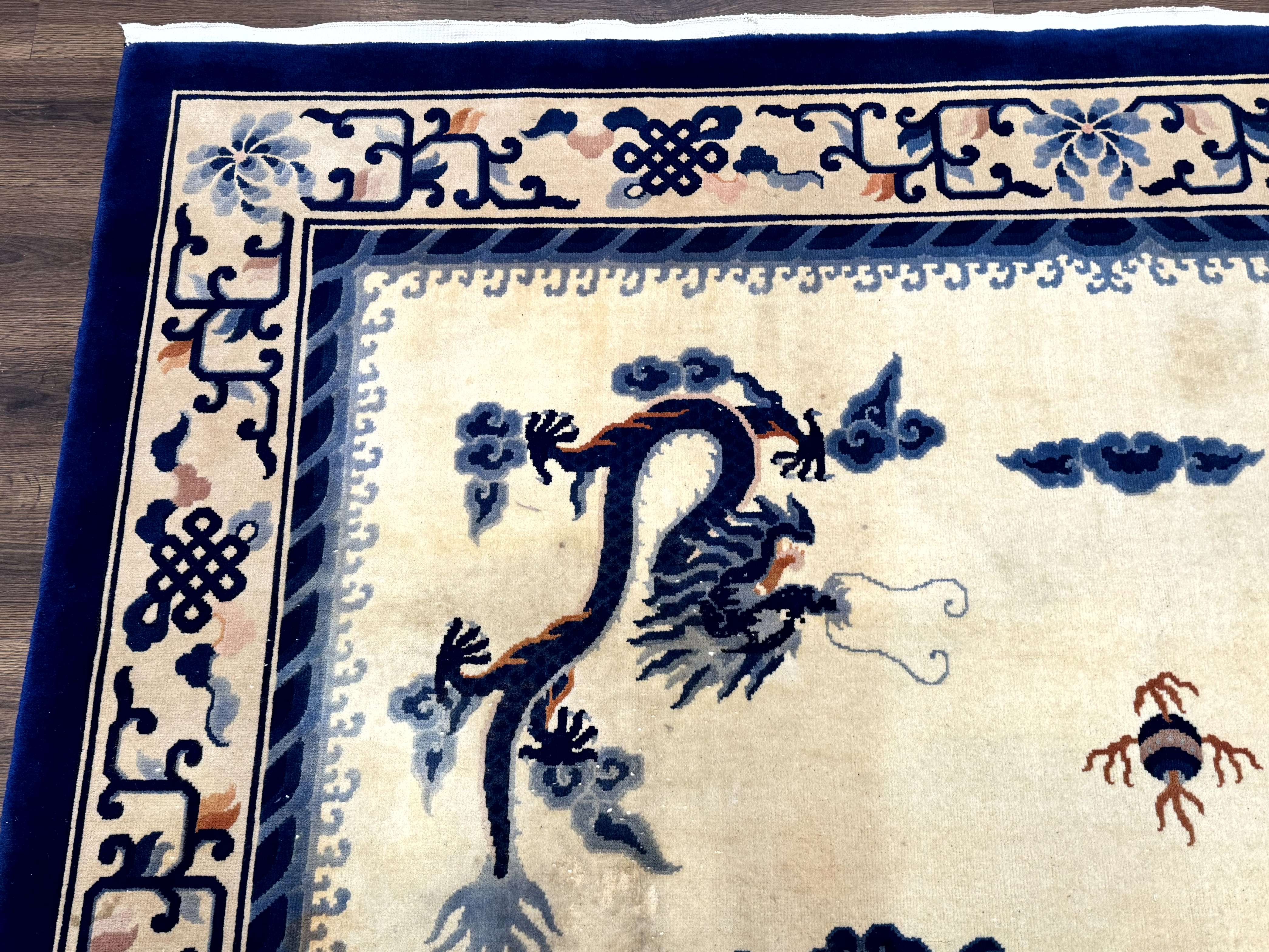 Chinese Dragon Peking Rug 8 x 11.6, Ivory and Blue, Chinese Wool Rug, Vintage - Jewel Rugs