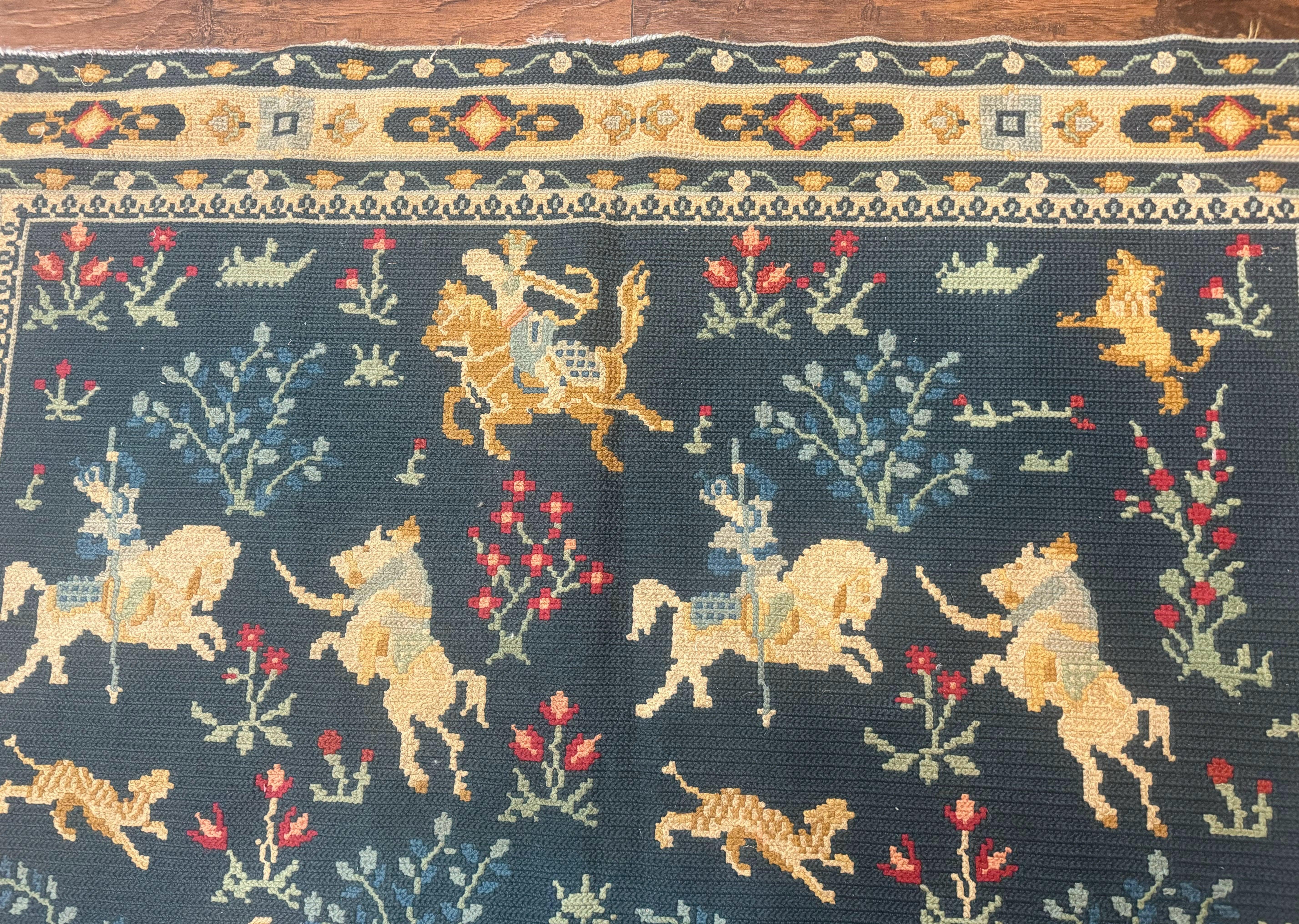 Antique Portuguese Wall Hanging Tapestry Rug, Hunting Design, Horsemen, Handmade, Flatweave - Jewel Rugs